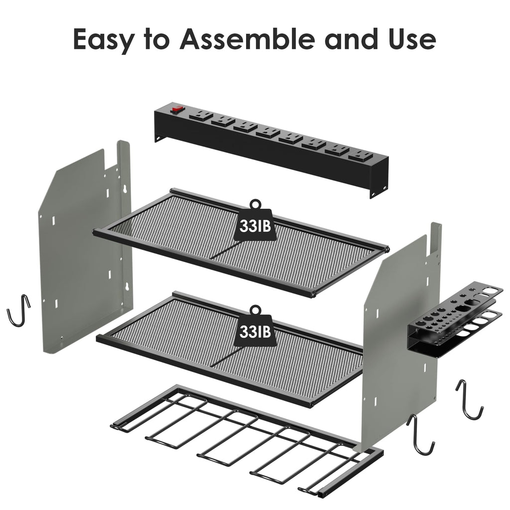 CCCEI Modular Power Tool Organizer Wall Mount with Charging Station. Garage Drill Storage Shelf with Hooks, Heavy Duty Rack, Tool Battery Holder Built in 8 Outlet. Gift for Men. Red, 1 Pack.