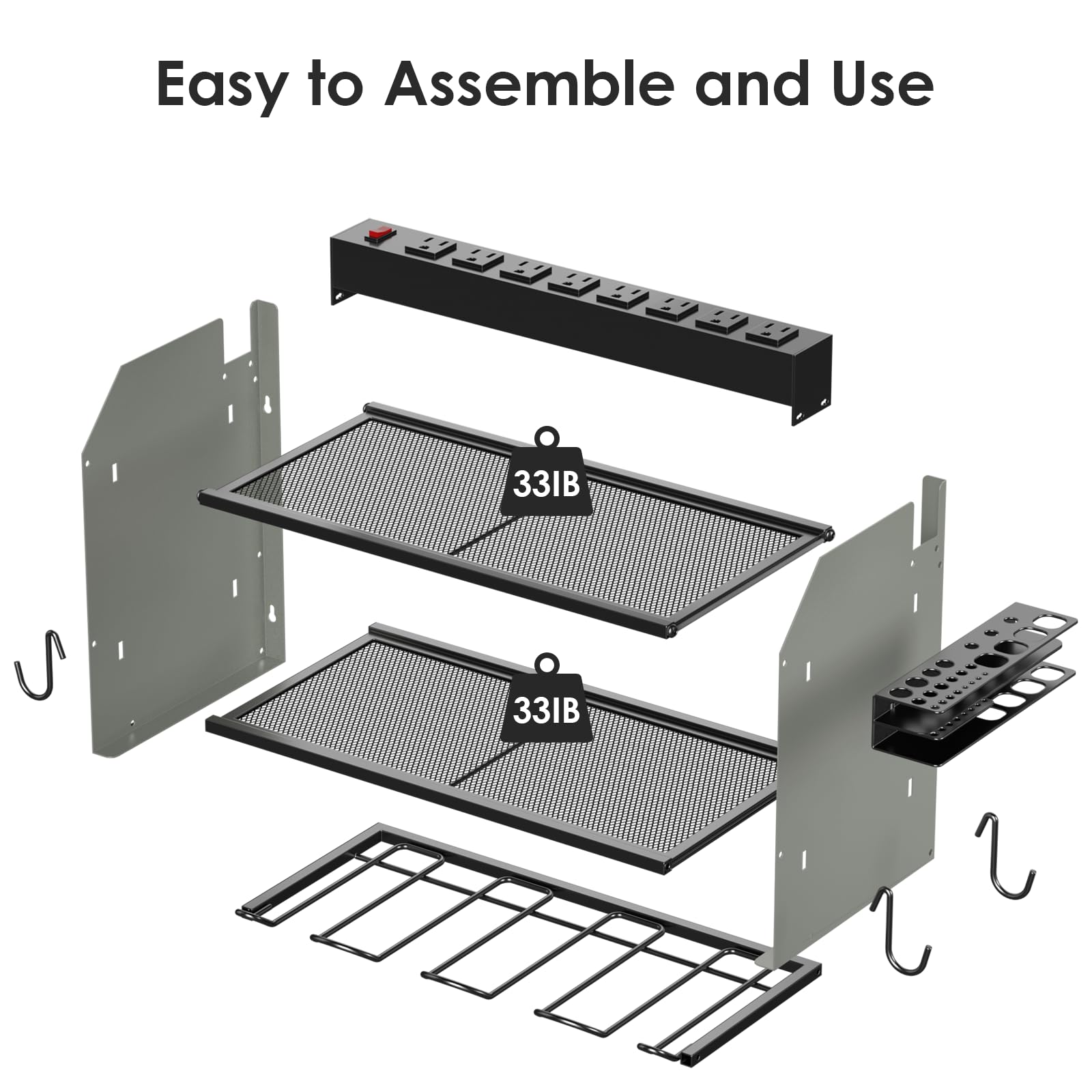 CCCEI Modular Power Tool Organizer Wall Mount with Charging Station. Garage Drill Storage Shelf with Hooks, Heavy Duty Rack, Tool Battery Holder Built in 8 Outlet. Gift for Men. Red, 1 Pack.