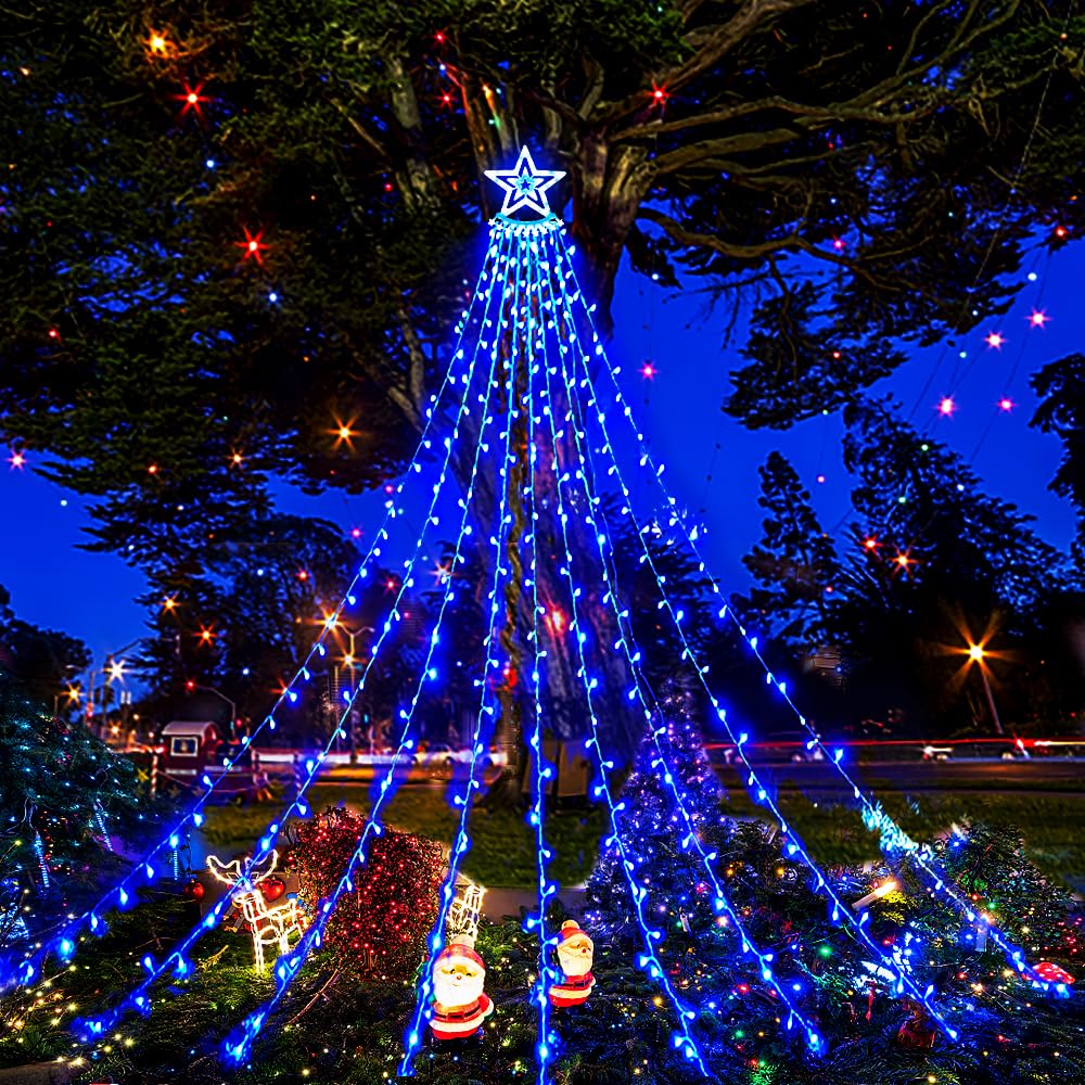 Aokudoni Outdoor Christmas Decorations: 12.6ft 350LED Waterfall Lights 8 Modes Christmas Lights, Xmas Tree House Yard Porch Patio Garden Decor, Multicolor