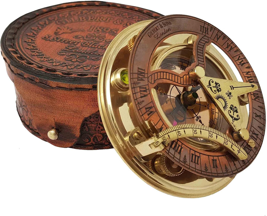 Brass Nautical - Antique Brass & Copper Sundial Compass, Sundial Clock in Box Gift Sun Clock Ship Replica Watch
