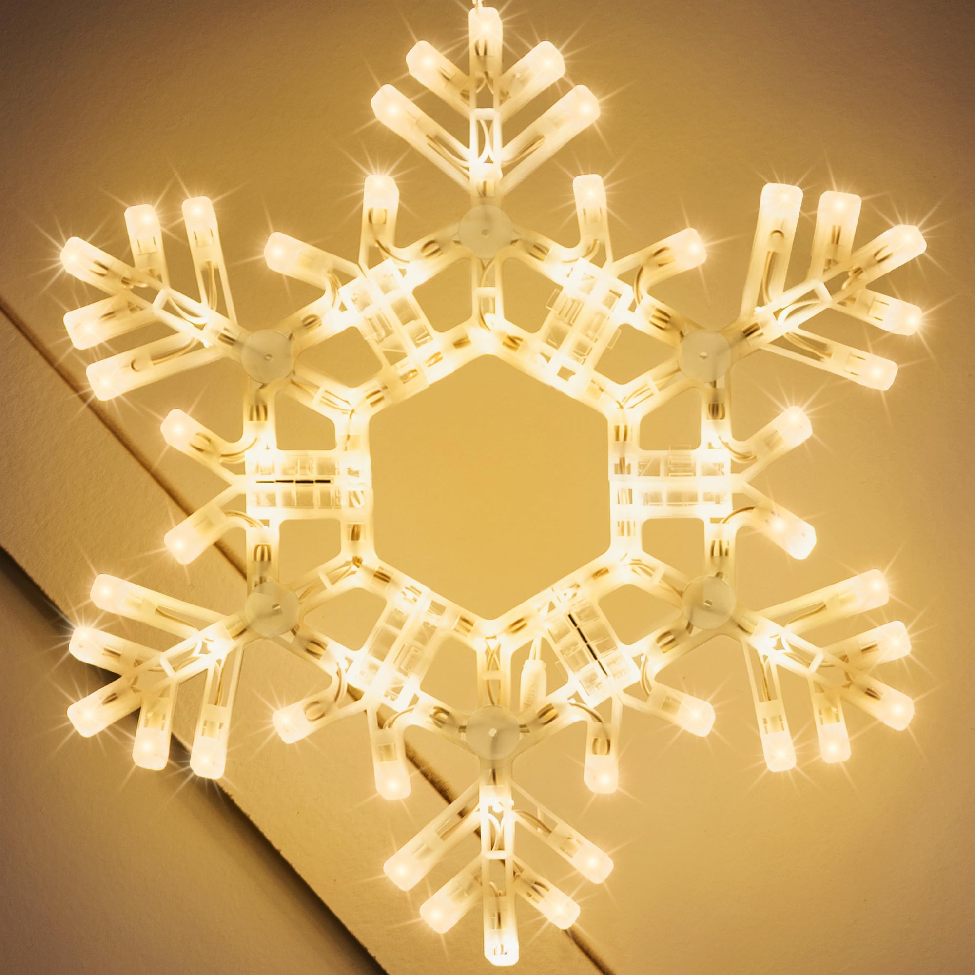 Kringle Traditions Christmas Snowflake Lights Outdoor, 105 LED 36" Folding Warm White Snowflake Hanging Light, Weather-Resistant Christmas Decoration for Yard, Window, Porch, or Eave