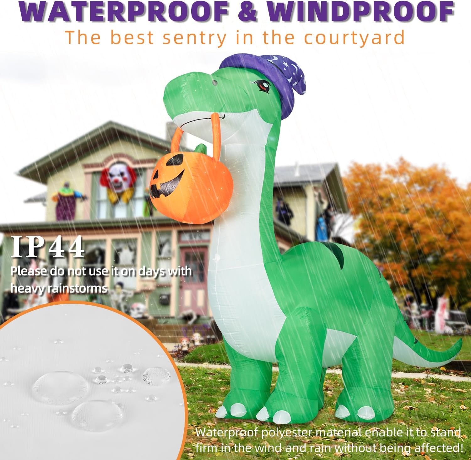 Kendane 10FT Halloween Inflatable Huge Dinosaur Decorations Outdoor, Blow Up Yard Decorations Built-in LED Lights,Halloween Party Decorations with Witch Hat and Pumpkin,for Garden/Lawn.