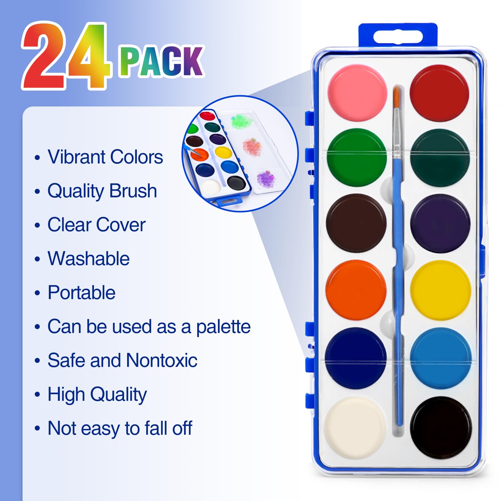 24 Pack Watercolor Paint Set for Kids, 12 Colors Watercolors Paints with Paint Brush, Kids Water color Paint Set for Party Favor, Classroom,Easter Basket Stuffers.