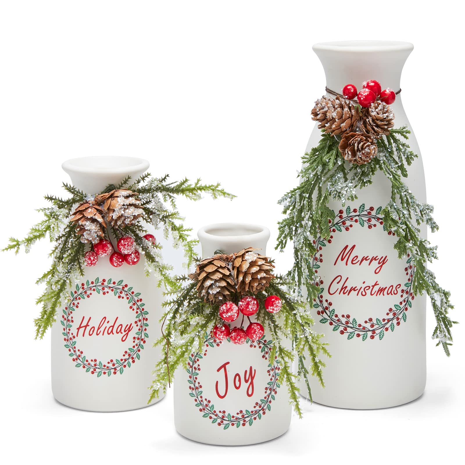 Artificial Christmas 3-Piece Set Flocked with Mixed Xmas Decorations Ceramic White Bottles
