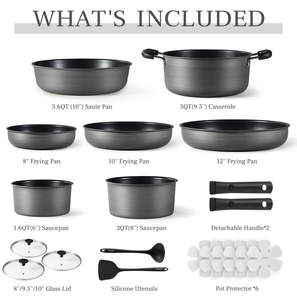 CAROTE 19pcs Pots and Pans Set, Nonstick Cookware Set Detachable Handle, Induction Kitchen Cookware Sets Non Stick with Removable Handle, RV Cookware Set, Oven Safe