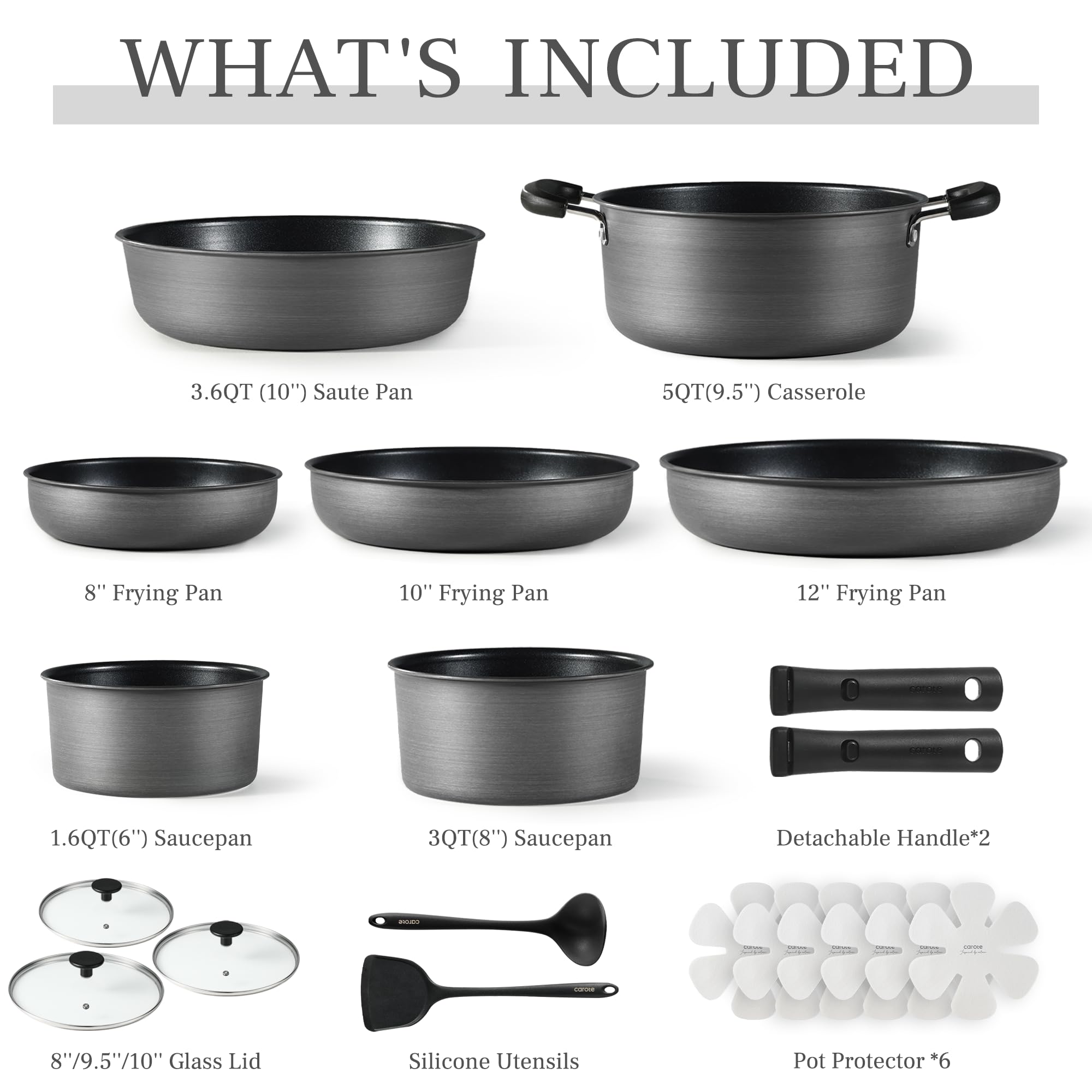 CAROTE 19pcs Pots and Pans Set, Nonstick Cookware Set Detachable Handle, Induction Kitchen Cookware Sets Non Stick with Removable Handle, RV Cookware Set, Oven Safe