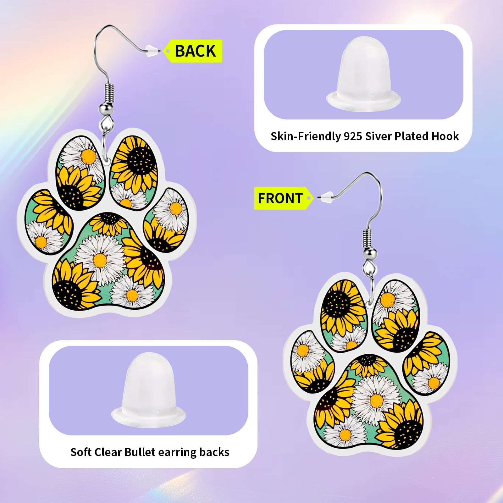 Funny Dog Sunflower Paw Print Earrings for Women - Unique & Quirky Funky Acrylic Dangle Earrings, Cute & Silly Novelty Design, Wacky & Crazy Earrings for Fun Lovers