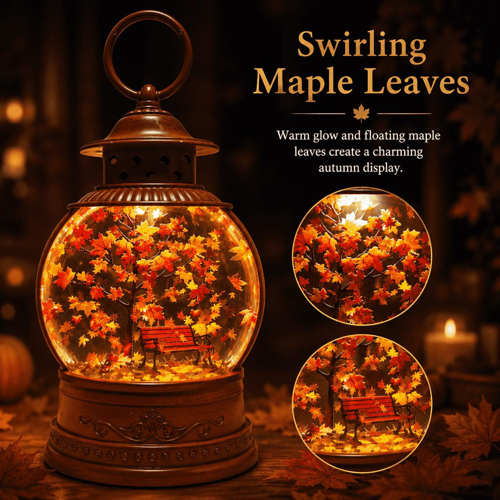 Fall Snow Globe Lantern with Swirling Maple Leaves, 9.45 Inch Autumn Water Lantern with 6 Hours Timer, USB & Battery Powered Thanksgiving Tabletop Home Decor