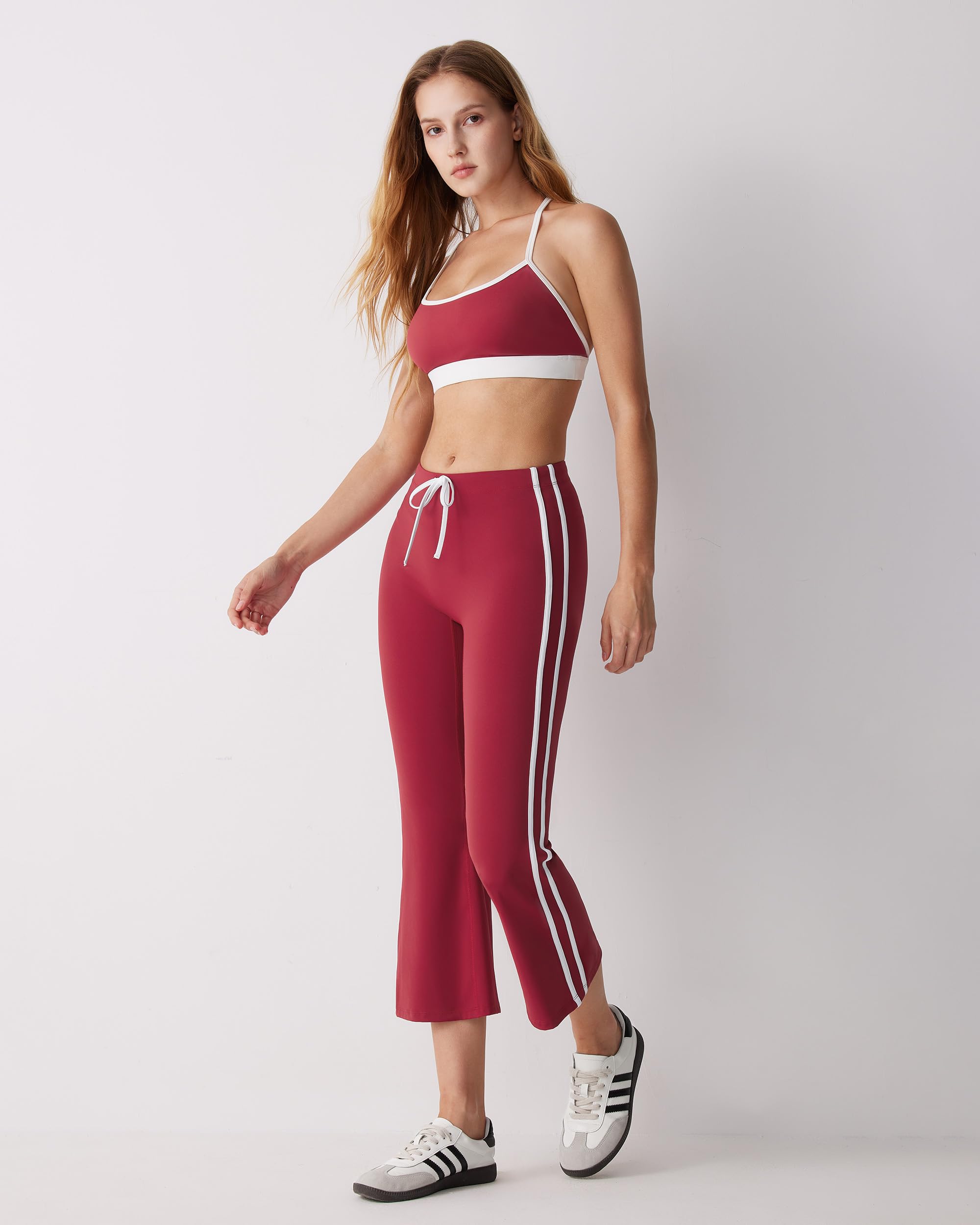 MOOSLOVER Women Flare Capri Yoga Pants High Waisted Side Stripe Drawstring Bootcut Flared Cropped Leggings