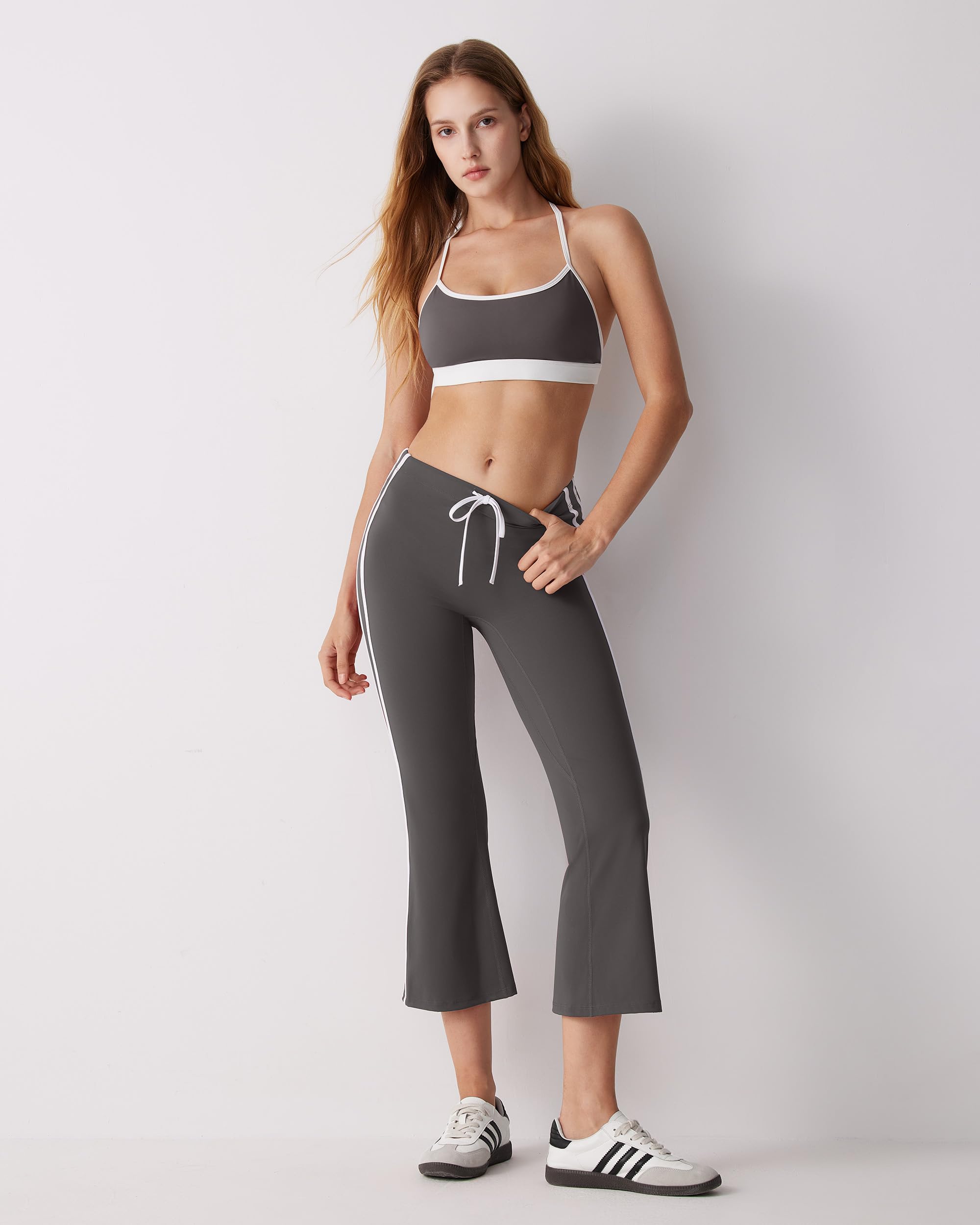 MOOSLOVER Women Flare Capri Yoga Pants High Waisted Side Stripe Drawstring Bootcut Flared Cropped Leggings