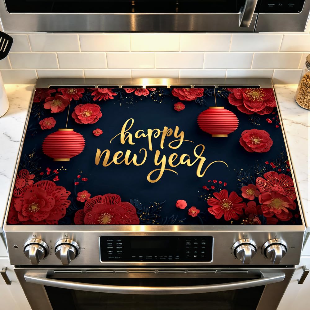 Stove Mat 28.35 x 20.47 Inch Christmas Fireplace and Tree Design Cozy Living Room Holiday Scene Decorative Kitchen Countertop Cover Reusable Flexible Mat for Gas Range Electric Stove Home Winter Décor