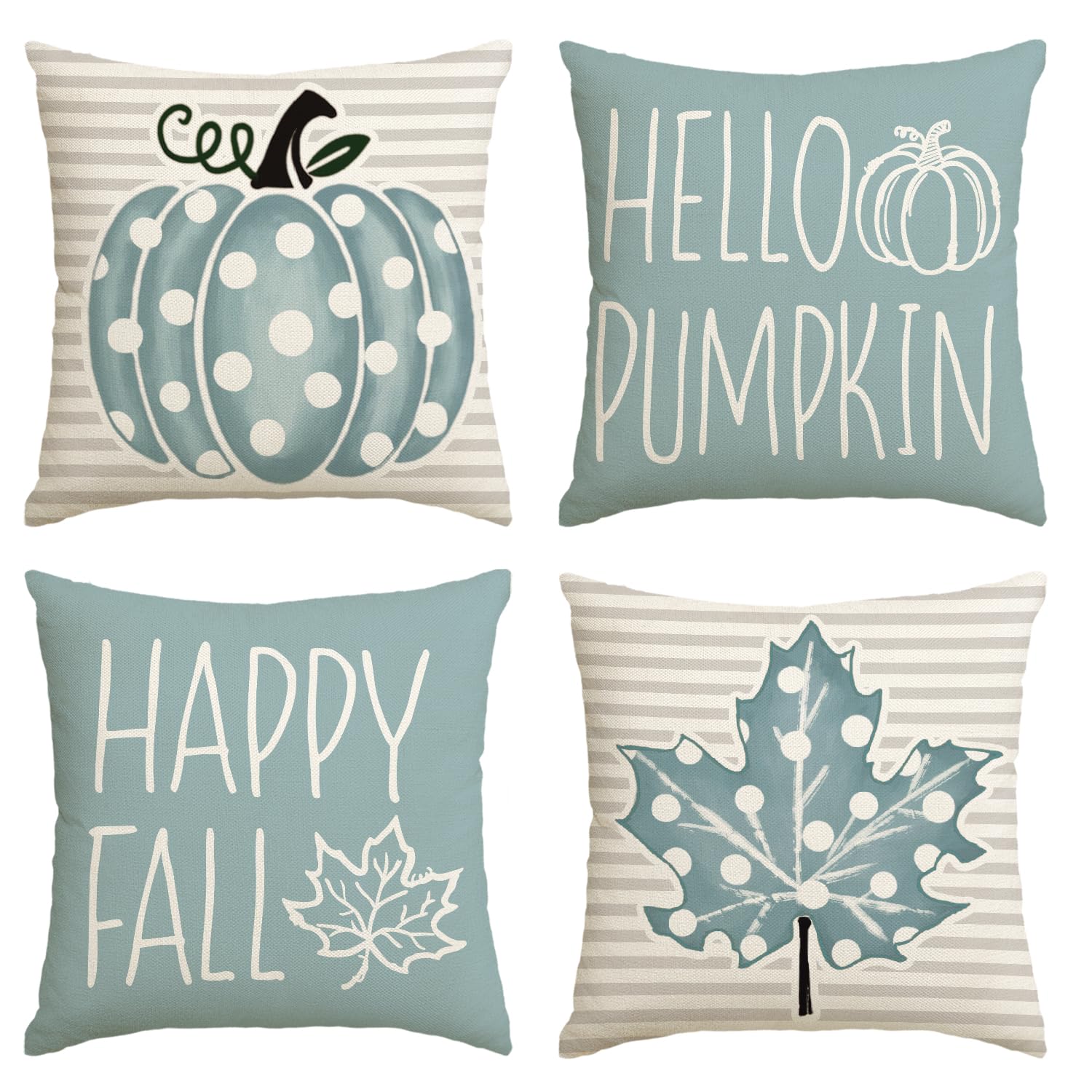 AVOIN colorlife Happy Fall Hello Pumpkin Throw Pillow Covers, 18 x 18 Inch Autumn Thanksgiving Harvest Polka Dot Maple Leaf Decorations for Sofa Couch Set of 4