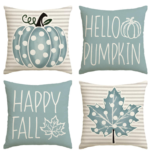 AVOIN colorlife Happy Fall Hello Pumpkin Throw Pillow Covers, 18 x 18 Inch Autumn Thanksgiving Harvest Polka Dot Maple Leaf Decorations for Sofa Couch Set of 4