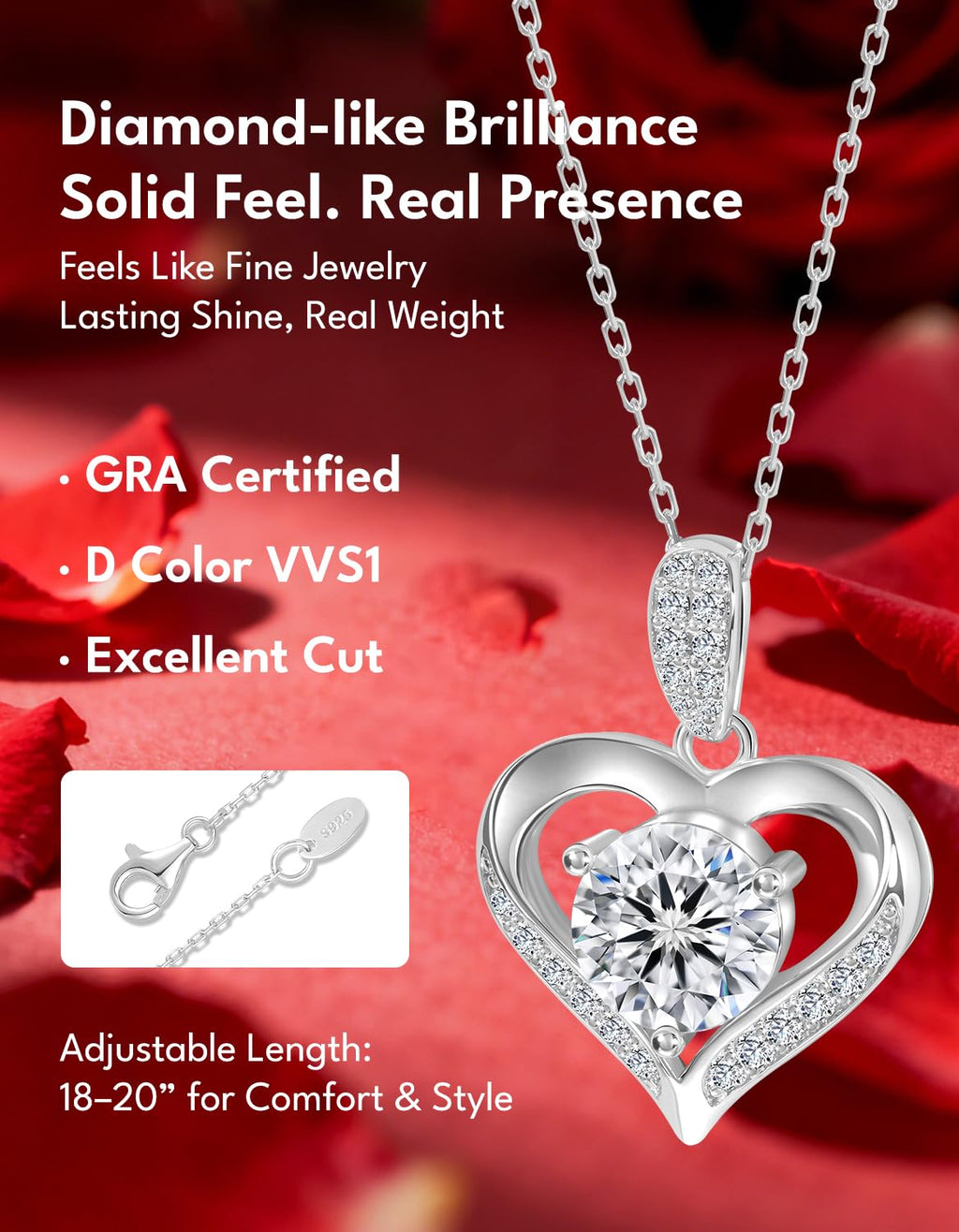 KRKC Moissanite Heart Necklace for Women, 1-3 Carat Lab Created Diamond Pendant, 14K/White Golden Plated S925 Sterling Silver Chains, Valentines Day Christmas Birthday Gifts for Her Wife Anniversary