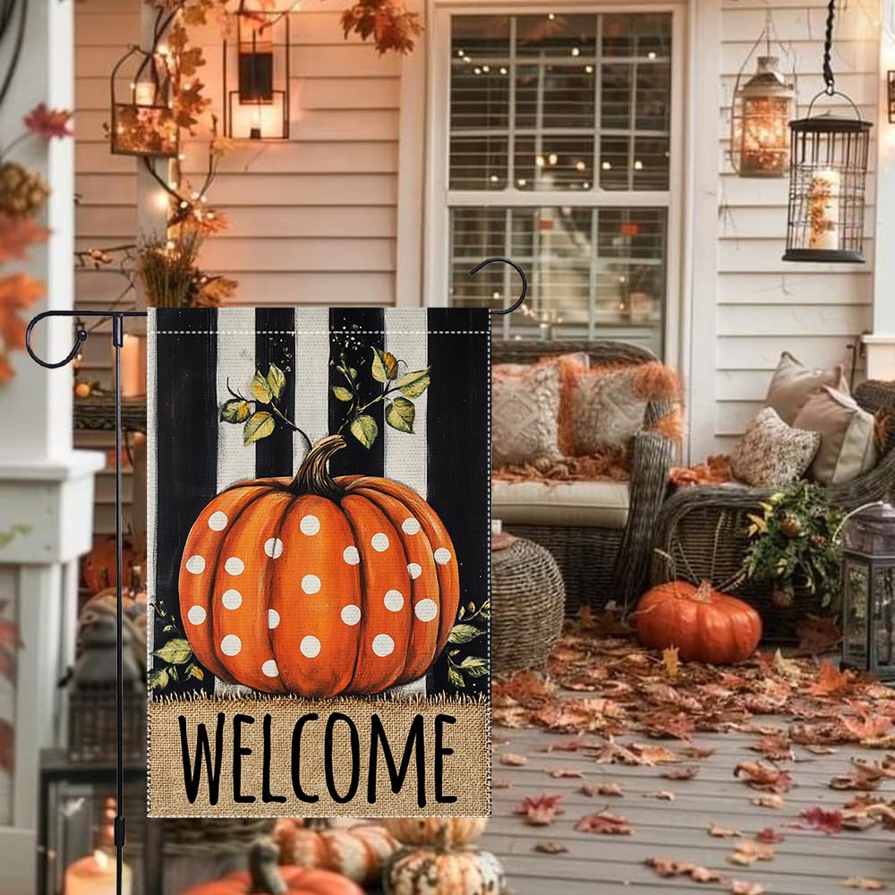 Fall Garden Flag For Outdoor Decor Thanksgiving Garden Flags Autumn Stained Glass Pumpkin Maple Leaf Double Sided Small Burlap Outside Porch Lawn Yard Flags Decorations 12.5x18 Inch