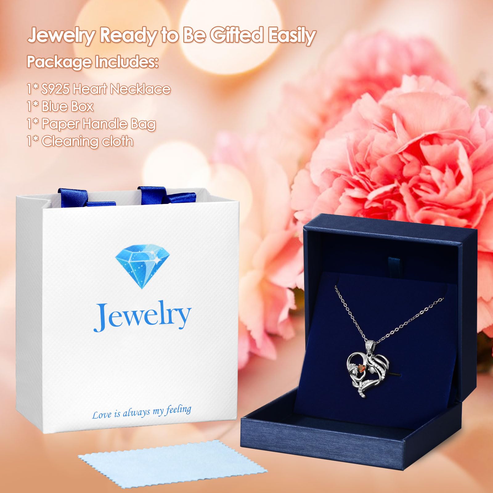 Mothers Day Gifts for Mom Wife Her Grandma, S925 Sterling Silver Birthstone Necklaces Jewelry for Women, Mother's Day Love Heart Pendant Necklace for Anniversary Birthday Christmas Day