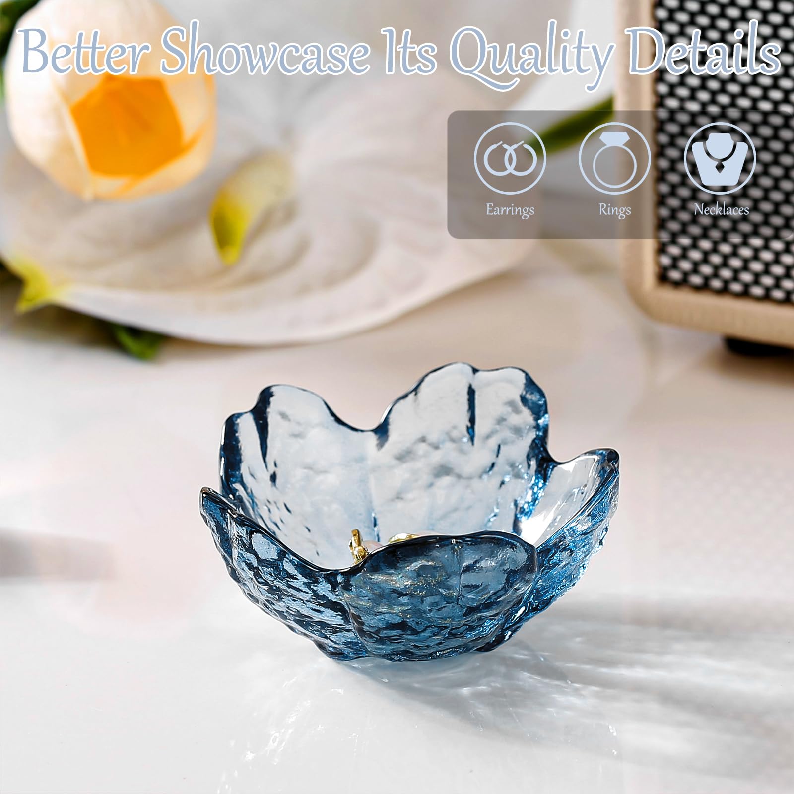 Purple Flower Jewelry Dish Glass Ring Holder Dish Jewelry Tray Cute Vanity Organizer Aesthetic Nightstand Bathroom Room Decor Trinket Dish Mothers Day Friendship Christmas Birthday Gifts for Women