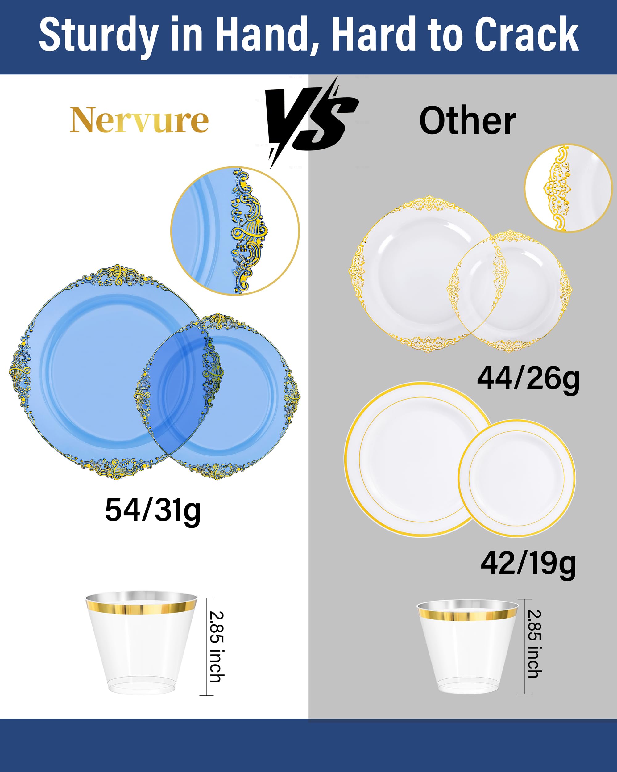 Nervure 175PCS Clear Blue Plastic Plates - Plastic Dinnerware Set Include 25Dinner Plates, 25Dessert Plates, 25Cups, 25Forks, 25Knives, 25Spoons, 25Napkins Perfect for Wedding & Party