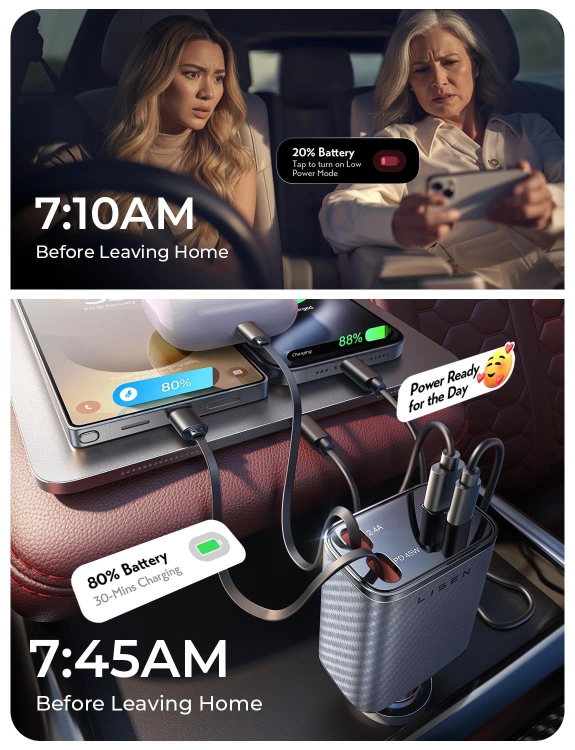 LISEN Retractable Car Charger, 84W Car Charger USB C Fast Charger Adapter for iPhone, Car Accessories for Men Women, Gifts for Fathers Day for Men Dad Husband, for iPhone 17 16 15 14 13 12 11 Samsung