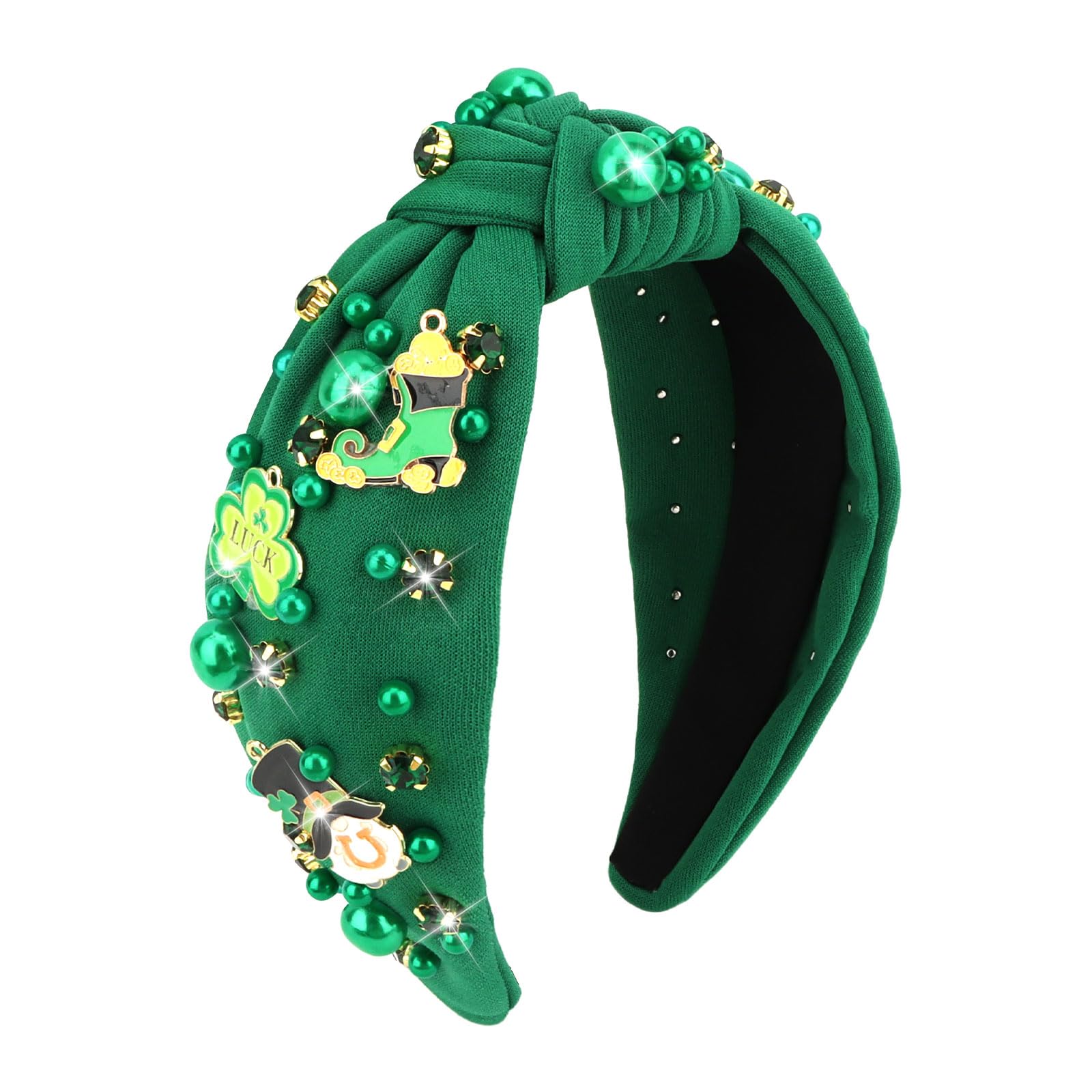 AMCAMI St.Patrick's Day Headband for Women,1Pcs Green Shamrock Embellished Rhinestone Knotted Headband,Wide Hairband with Leprechaun Boots Hats,St. Patrick's Day Party Gifts