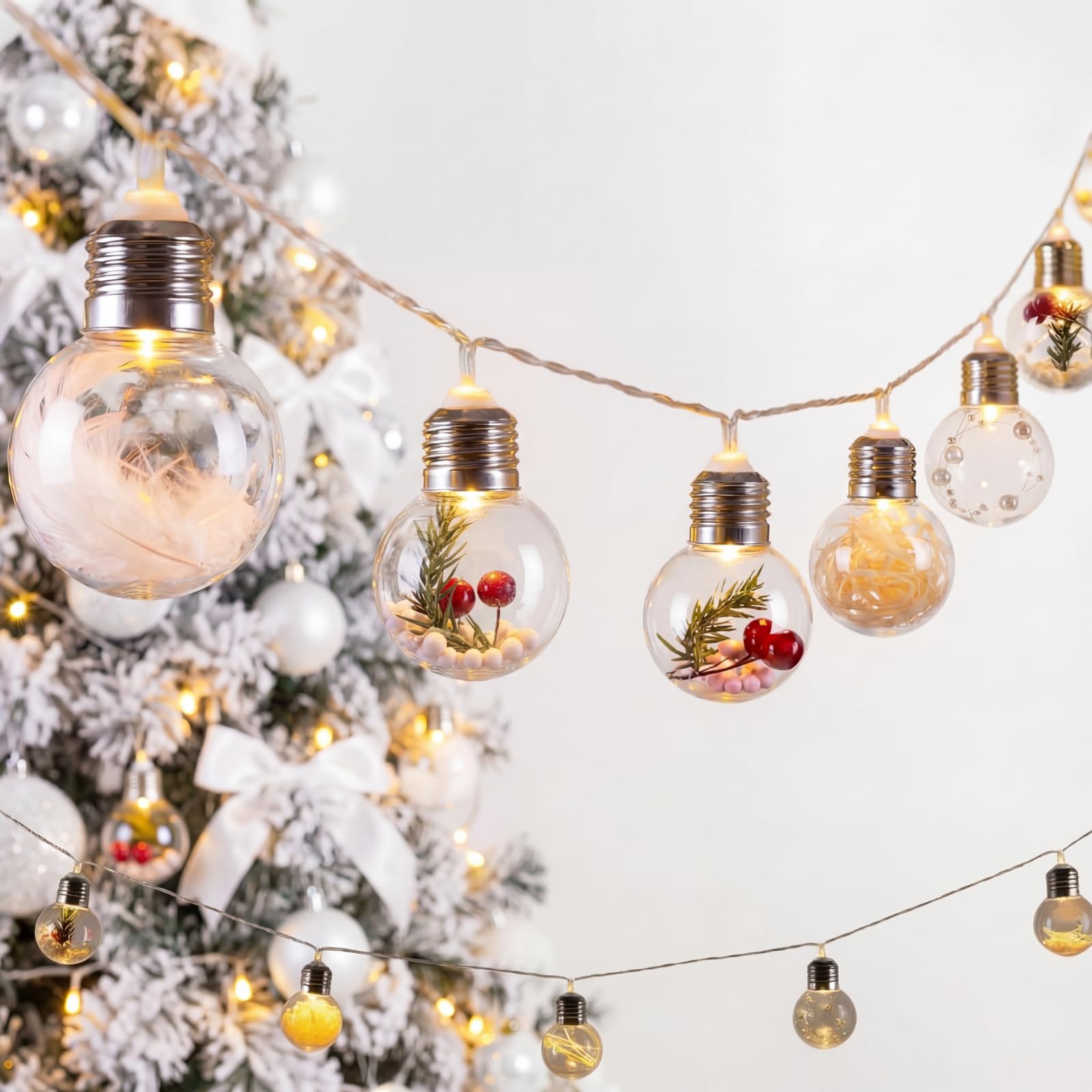 Aurelema Christmas Tree Snow Globe String Lights 6.56 FT 10 LED Xmas Light Balls with 5 Christmas Figurines Constant Vintage Decor Lighting for Indoor Outdoor Xmas Party Decoration(Red)