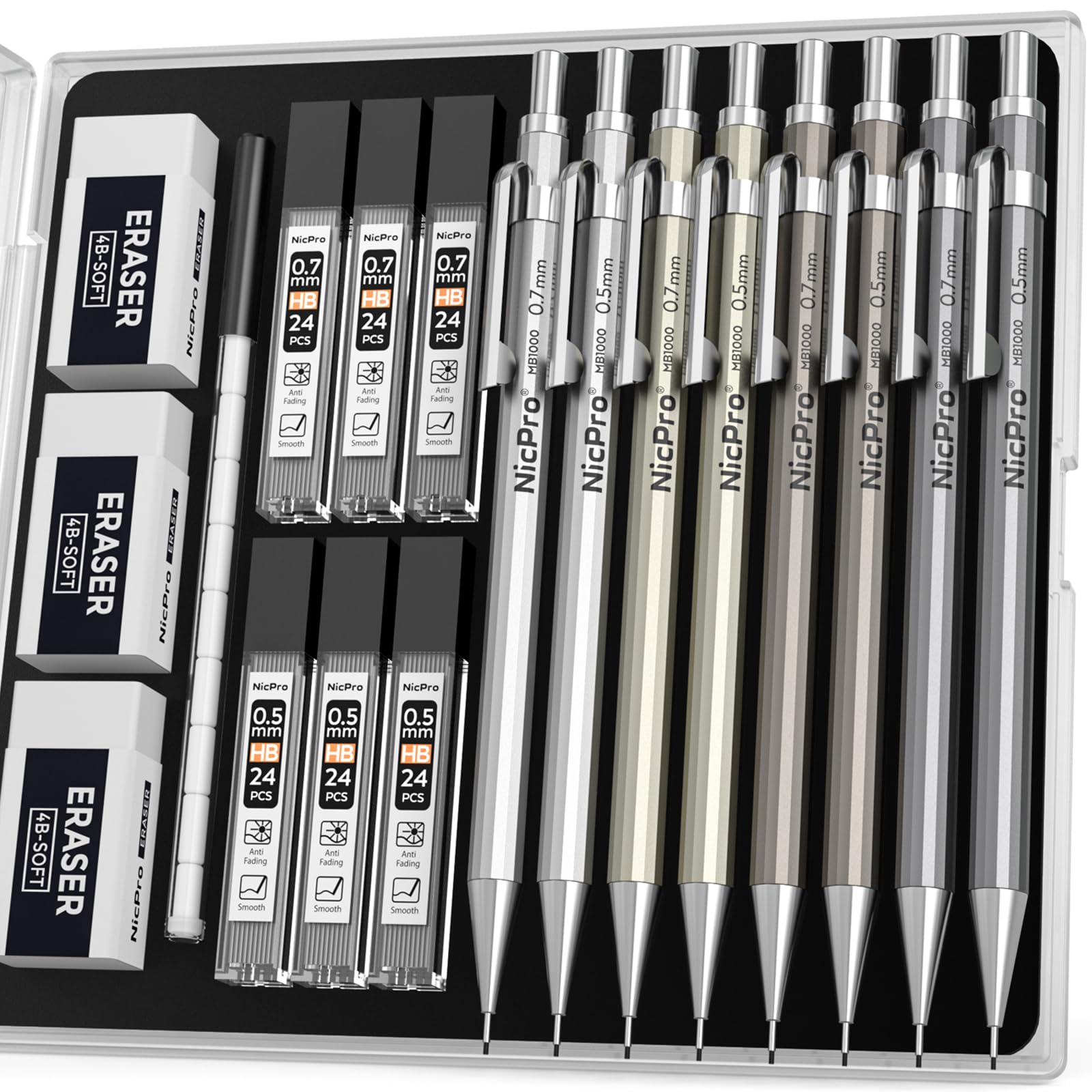 Nicpro 4 Pack Mechanical Pencil 0.7mm with Case, MB1000 Metal Mechanical Pencil Set with 6 Tube HB #2 Lead Refill 0.7 mm, 3PCS 4B Eraser, 9 Cap Eraser for Artist Drafting Writing, Sketching, Drawing