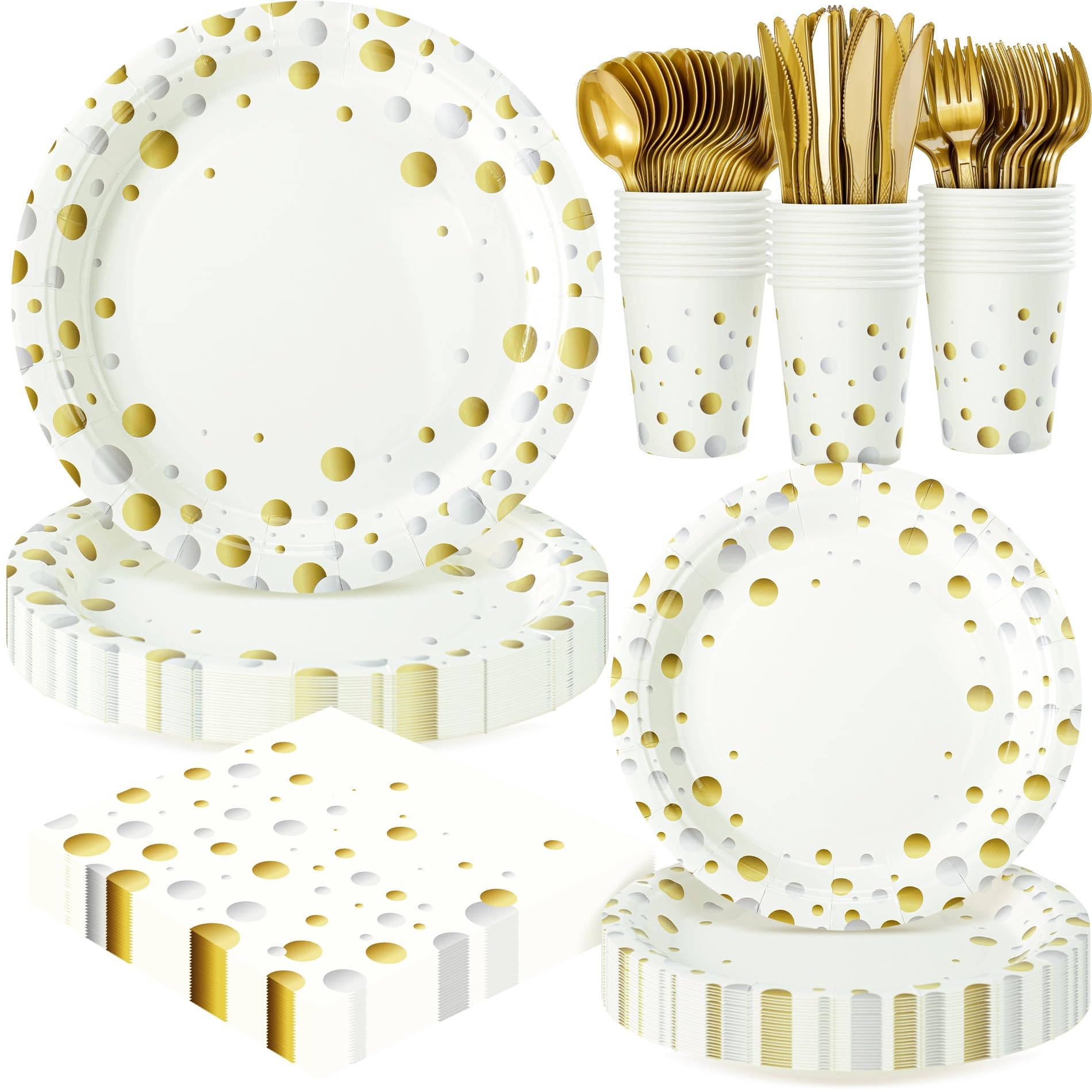 168pcs Happy New Year Party Supplies, Black and White Paper Plates Napkins Cups and Transparent Gold Cutlery for 24 Guests, 2026 New Year Disposable Tableware Supplies for Party Decorations