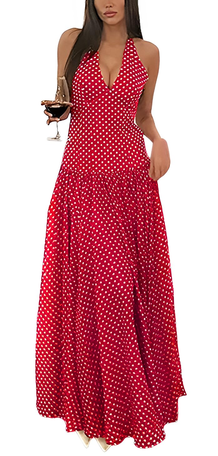 Women's Polka Dot Maxi Dress Halter Neck Sleeveless Drop Waist Flowy Summer Wedding Beach Sundress