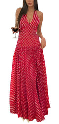 Women's Polka Dot Maxi Dress Halter Neck Sleeveless Drop Waist Flowy Summer Wedding Beach Sundress
