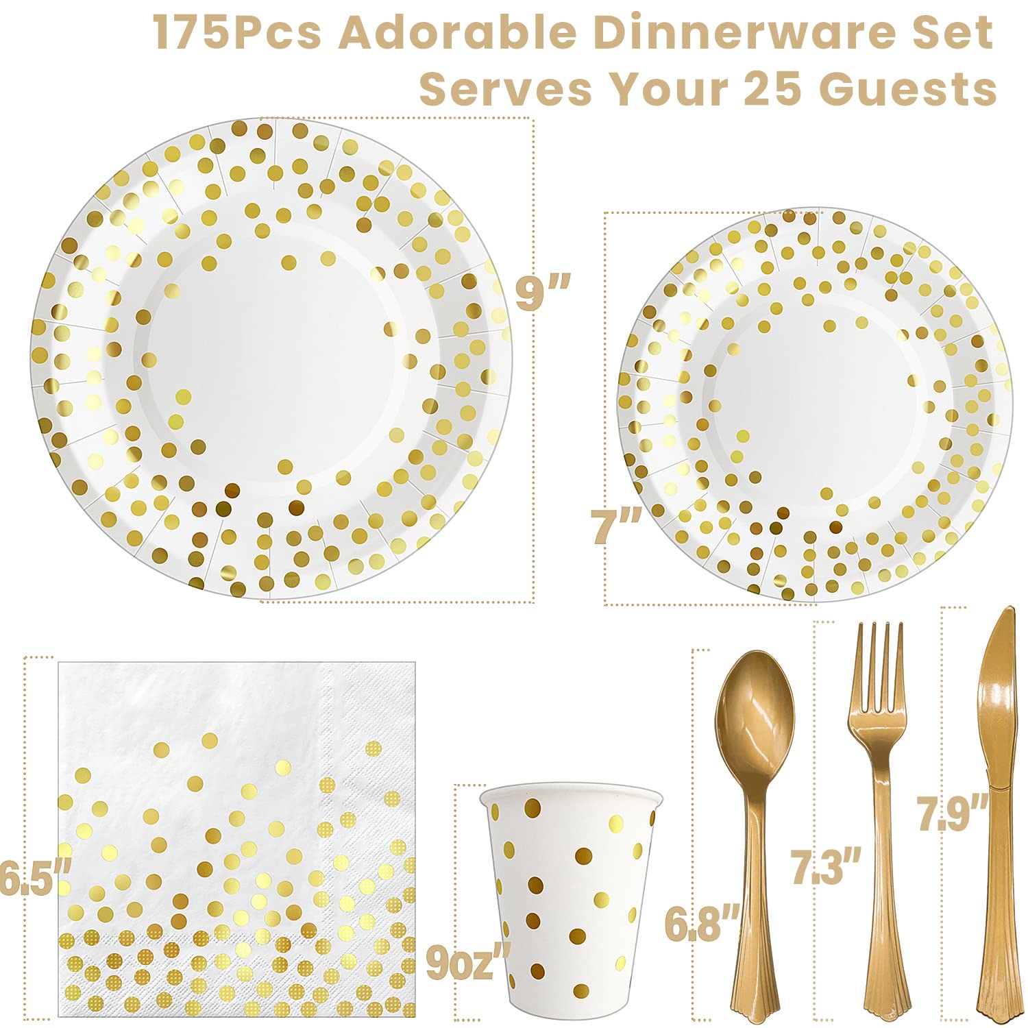 AIRE 175PCS Black and Gold Paper Plates Party Supplies for 25 Guests Disposable Party Decorations Dinnerware Golden Dot Black Paper Plates Napkins Cups Gold Plastic Forks Knives Spoons for Mothers Day