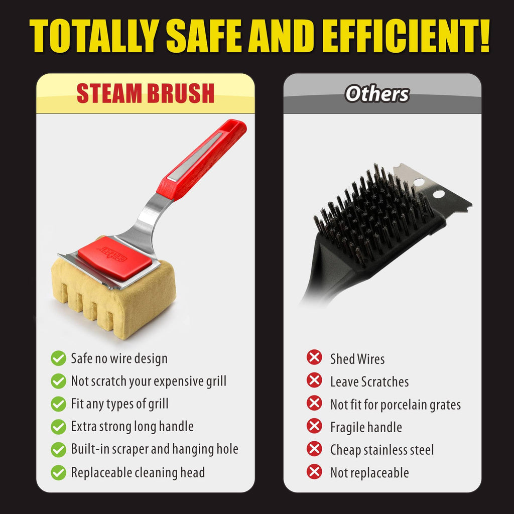 GRILLART Grill Brush Bristle Free. SteamWizards BBQ Replaceable Cleaning Head, Unique Seamless-Fit Scraper Tool for Cast Iron/Stainless-Steel Grates, Safe Barbecue Grill Cleaner-Red