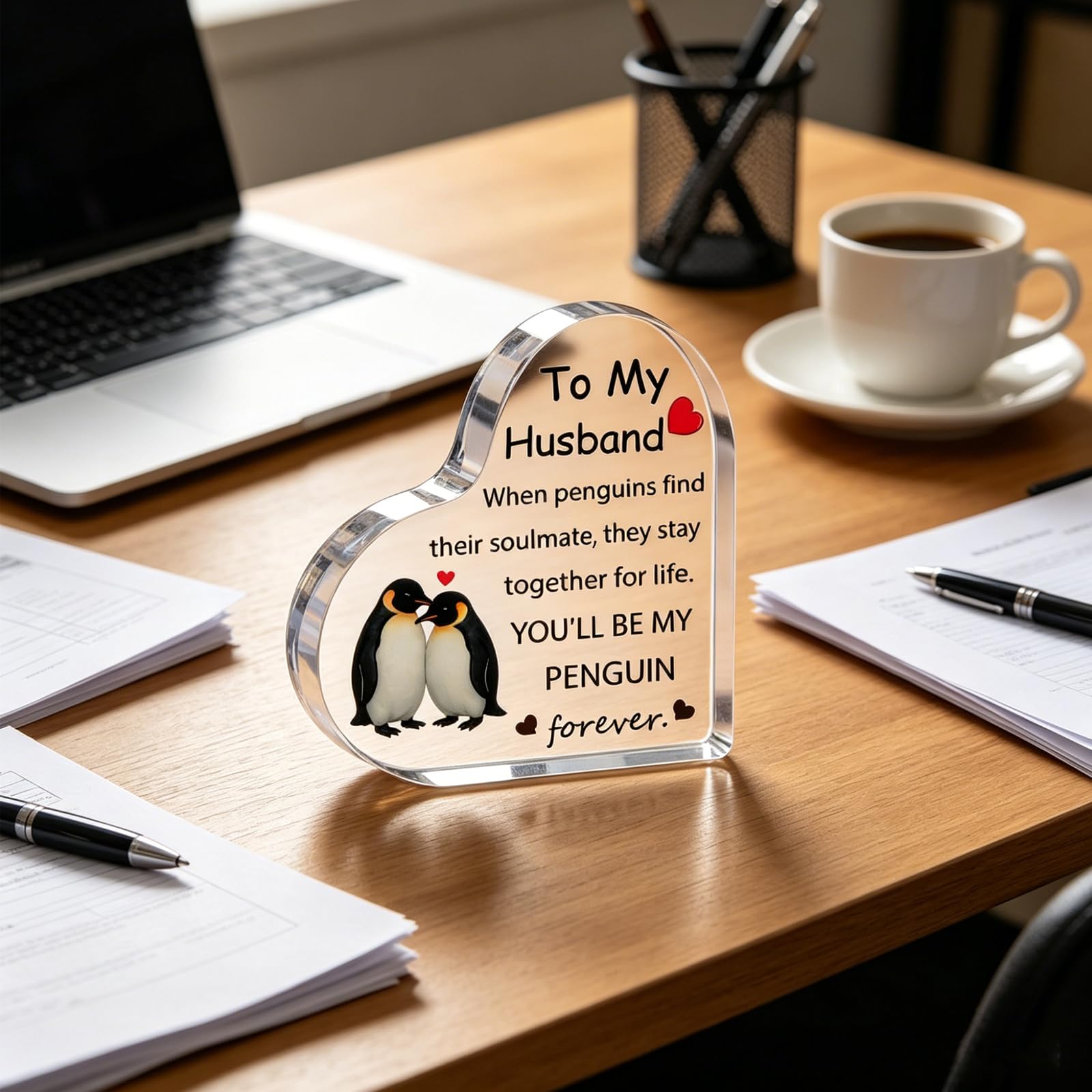 Gift for Husband, Romantic Acrylic Heart Penguin Paperweights, Anniversary, Valentine's, Christmas, Father's Day, Birthday Gifts for Husband from Wife
