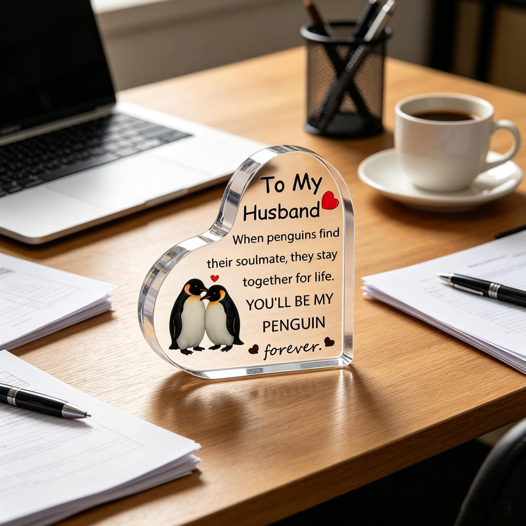 Gift for Husband, Romantic Acrylic Heart Penguin Paperweights, Anniversary, Valentine's, Christmas, Father's Day, Birthday Gifts for Husband from Wife