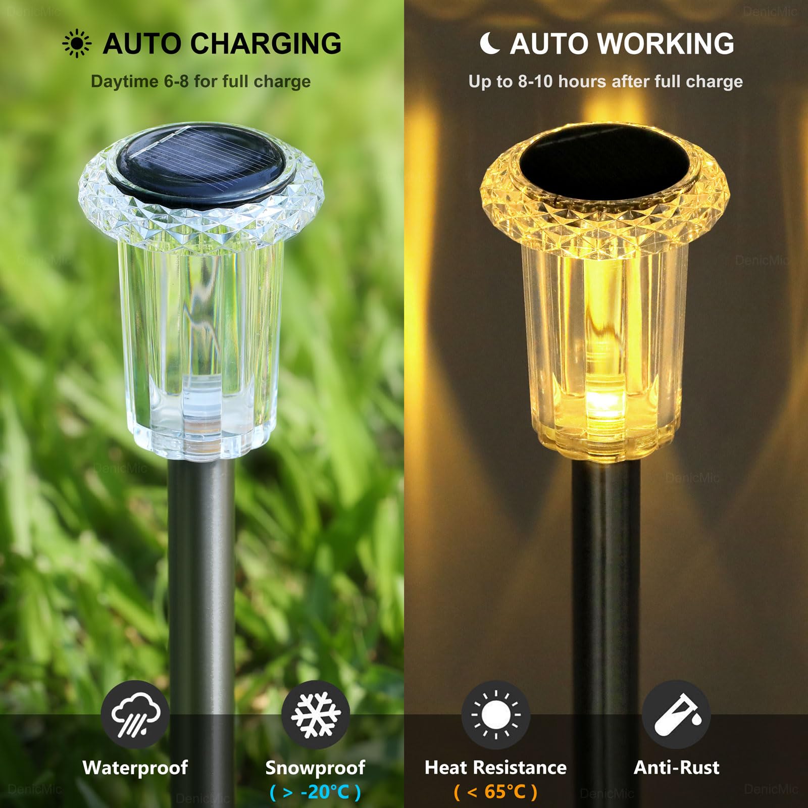 DenicMic Solar Lights Outdoor 10 Pack Waterproof 6000K Cold White LED Stainless Steel Stake Outside Lights for Yard Pathway Garden Driveway Walkway Landscape Path Lighting