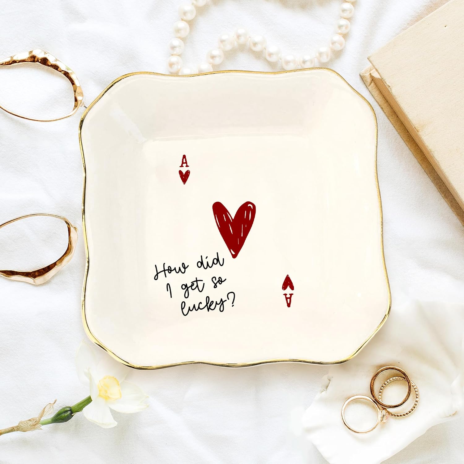 Funny Love Jewelry Dish with Heart Playing Card – “How Did I Get So Lucky?” Romantic Trinket Dish for Couples – Cute Anniversary, Valentine’s Day, Wedding Gift for Wife, Husband, Girlfriend, Boyfriend