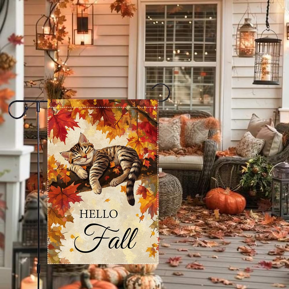 Hello Fall Garden Flag Cat Garden Flags 12x18 Inch Double Sided Vertical Autumn Farmhouse Home Decor Yard Lawn Outdoor Decorations