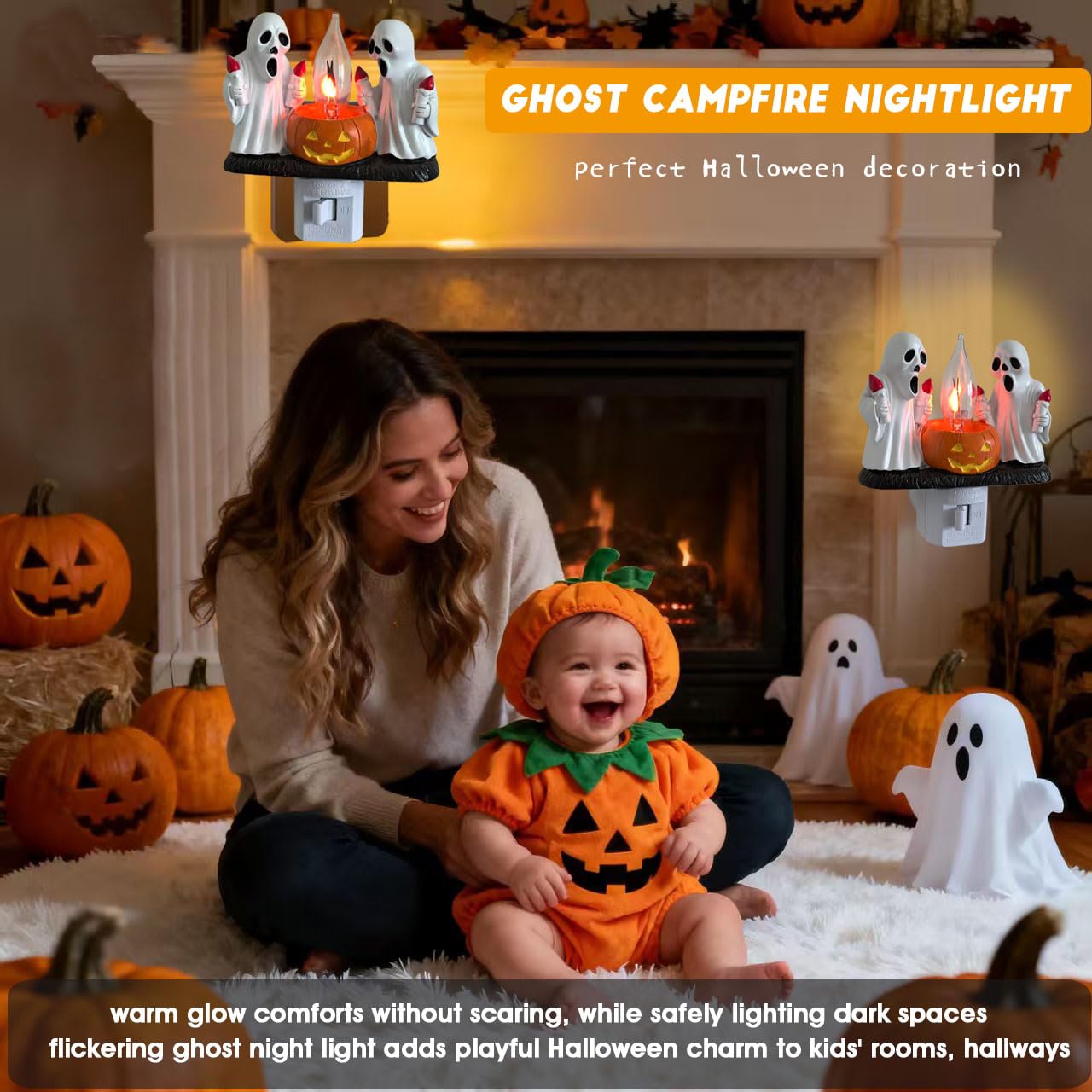 Ghost Campfire Nightlight,Halloween Campfire Flickering Night Light,3D Spooky Fire Marshmallow Night Light for Halloween Decor (Cute Ghost)