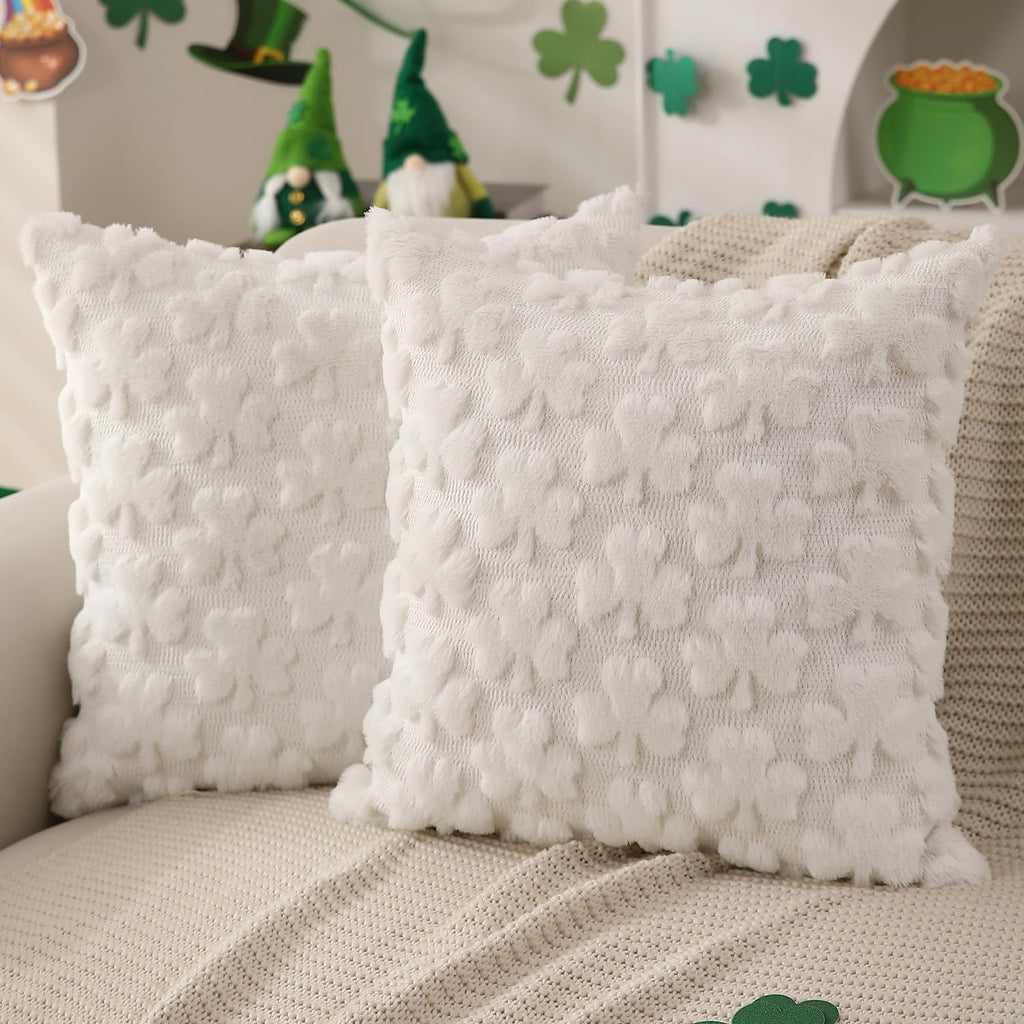 DFXSZ St Patricks Day Pillow Covers 18x18 inch Set of 2 St Patricks Day Decorations Green Shamrock Soft Plush Faux Fur Jacquard Throw Pillows for Bedroom Sofa Holiday Festivals Home Decor PTK021A18