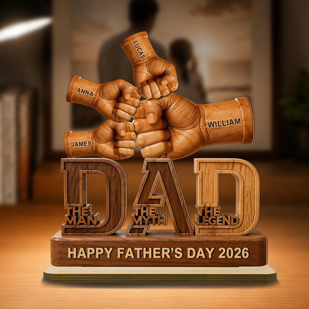 Personalized Fist Bump Dad and Kids Name Wooden Plaque, Custom Fathers Day Plaque for Dad Grandpa, Customized Sign Decorations for Daddy, Grandpa, Heartfelt Father's Day Birthday Gifts for Husband