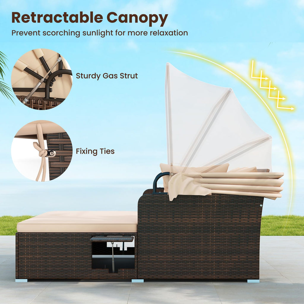 Tangkula Patio Rattan Daybed with Retractable Canopy, Outdoor Wicker Sunbed Lounger with 2 Foldable Side Tables, Thick Seat & Back Cushions, Outside Double Daybed for Garden, Backyard, Porch