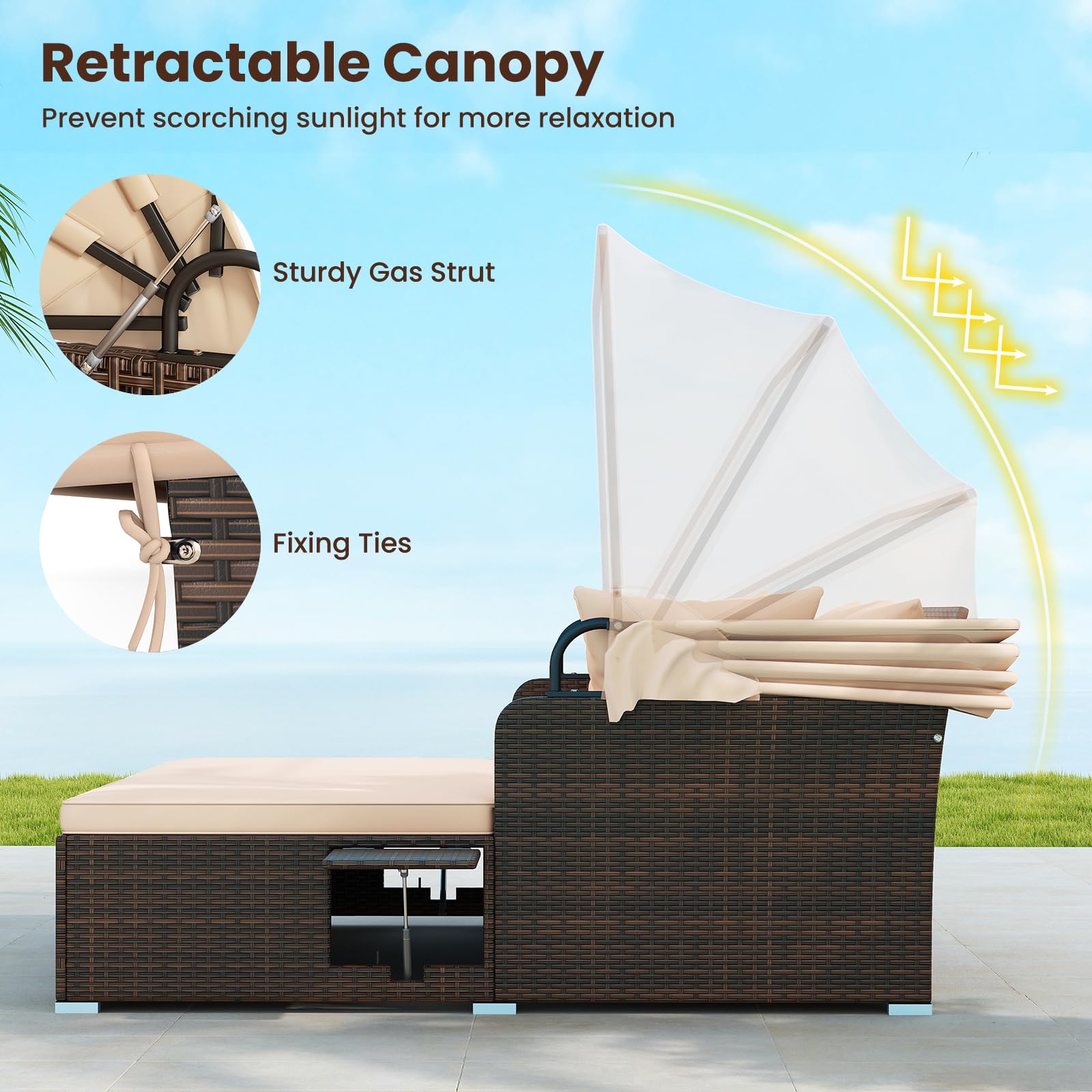Tangkula Patio Rattan Daybed with Retractable Canopy, Outdoor Wicker Sunbed Lounger with 2 Foldable Side Tables, Thick Seat & Back Cushions, Outside Double Daybed for Garden, Backyard, Porch