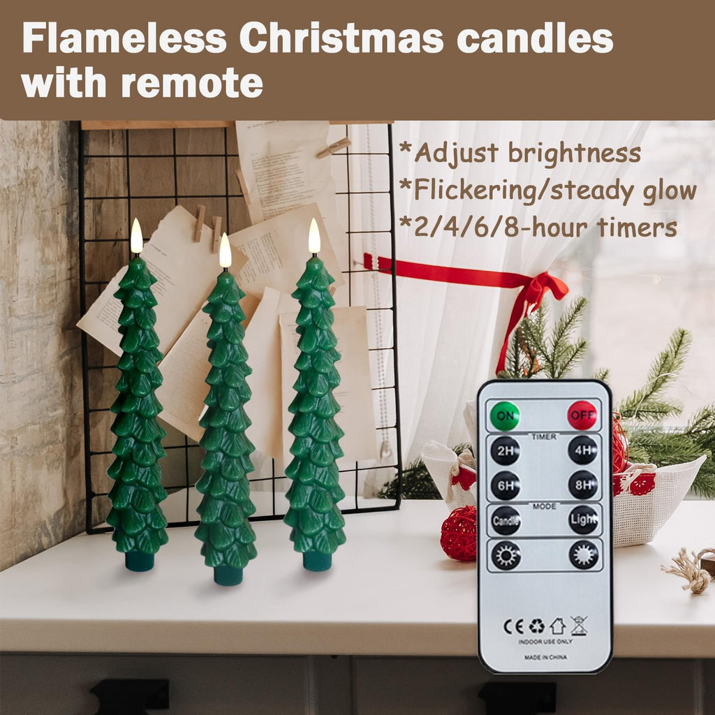 FPOO Christmas Decorations Indoor, 3 PCS Waxy Christmas Tree Candles with Remote Timer, Battery LED Candlesticks for Window, Table Centerpiece, Xmas Decor, Gift (7.5 inches)
