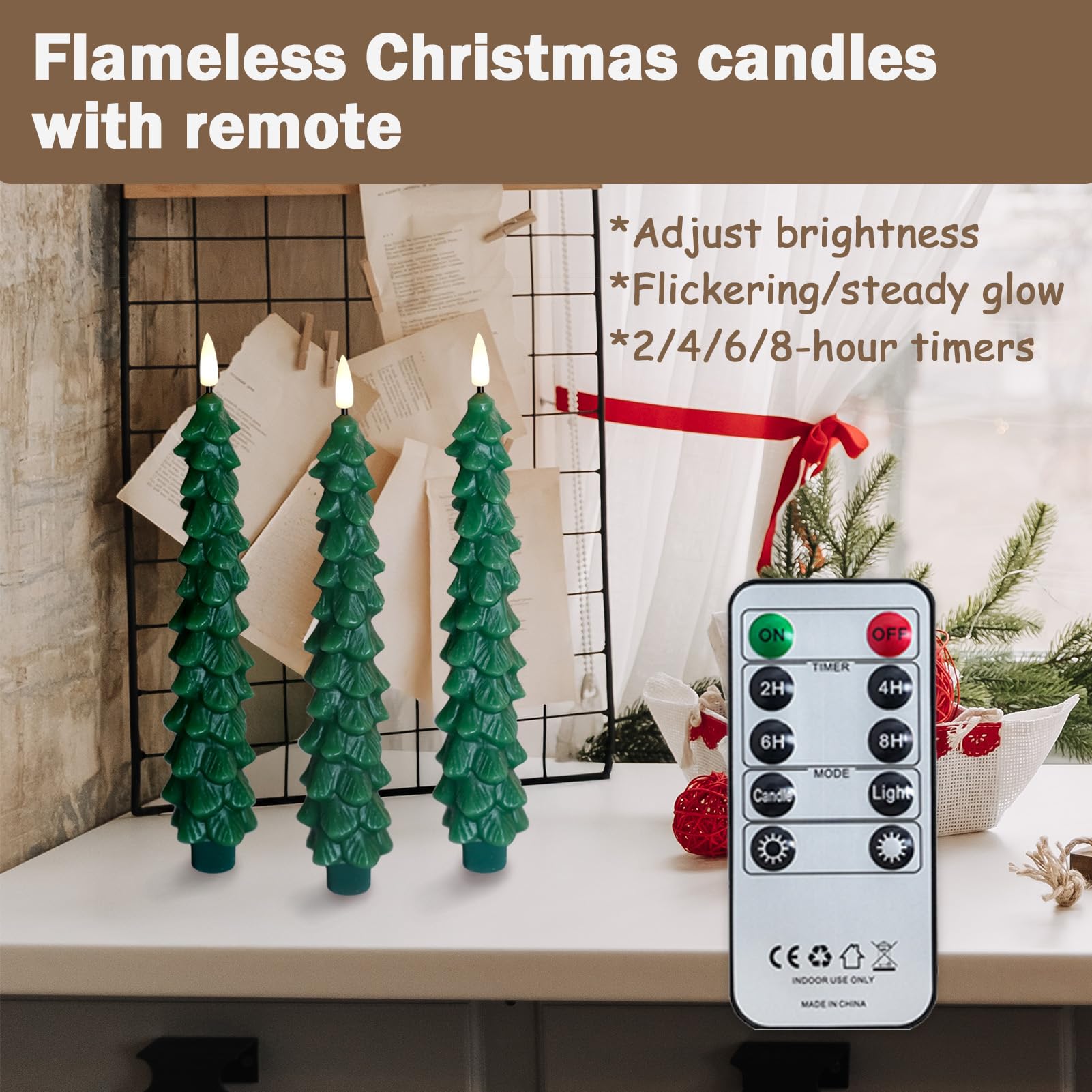 FPOO Christmas Decorations Indoor, 3 PCS Waxy Christmas Tree Candles with Remote Timer, Battery LED Candlesticks for Window, Table Centerpiece, Xmas Decor, Gift (7.5 inches)