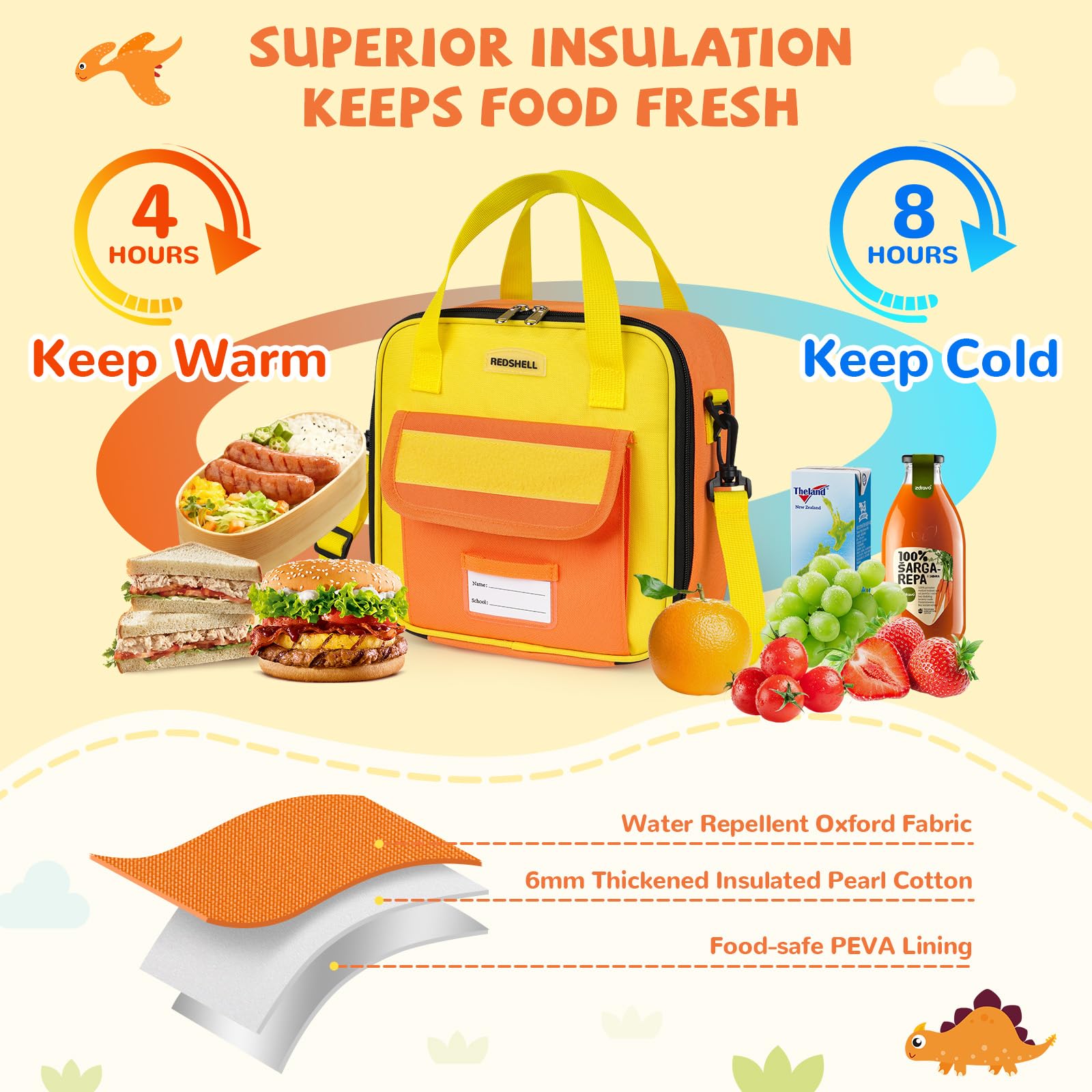REDSHELL Tactical Lunch Box Kids, Large Insulated Lunch Bag for Girls, Cooler Lunchbag, Square Toddler Lunchbox, School Daycare Lunch Tote Pail with Water Bottle Holder Shoulder Strap, Purple