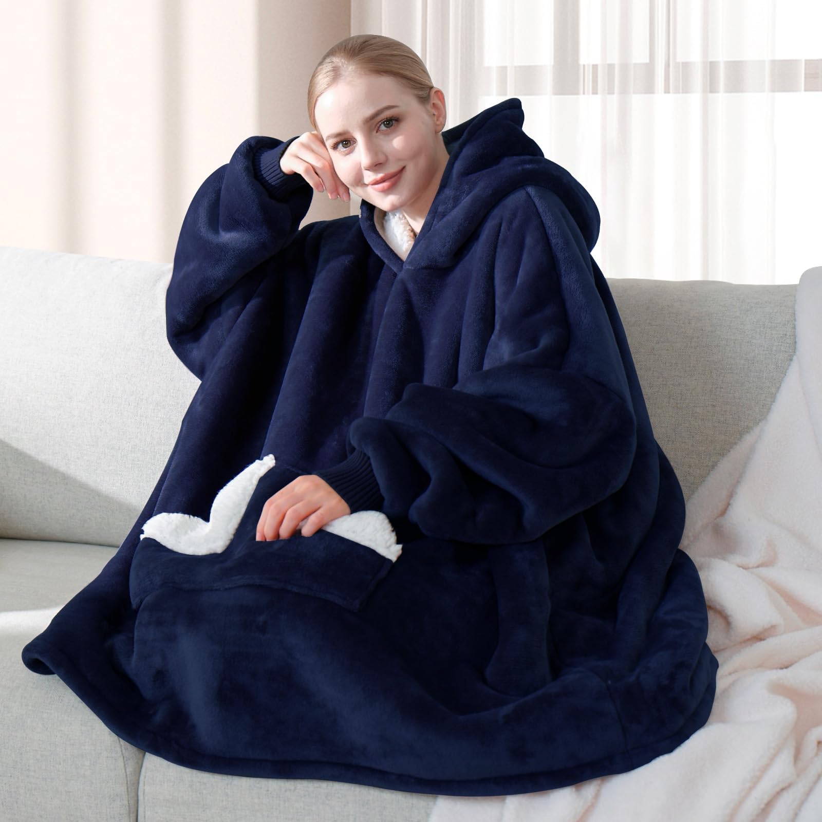 Touchat Wearable Blanket Hoodie, Oversized Sherpa Fleece Sweatshirt Blanket with Giant Hood Pocket and Sleeves for Adult, Warm & Cozy Grey Blanket Gifts for Women