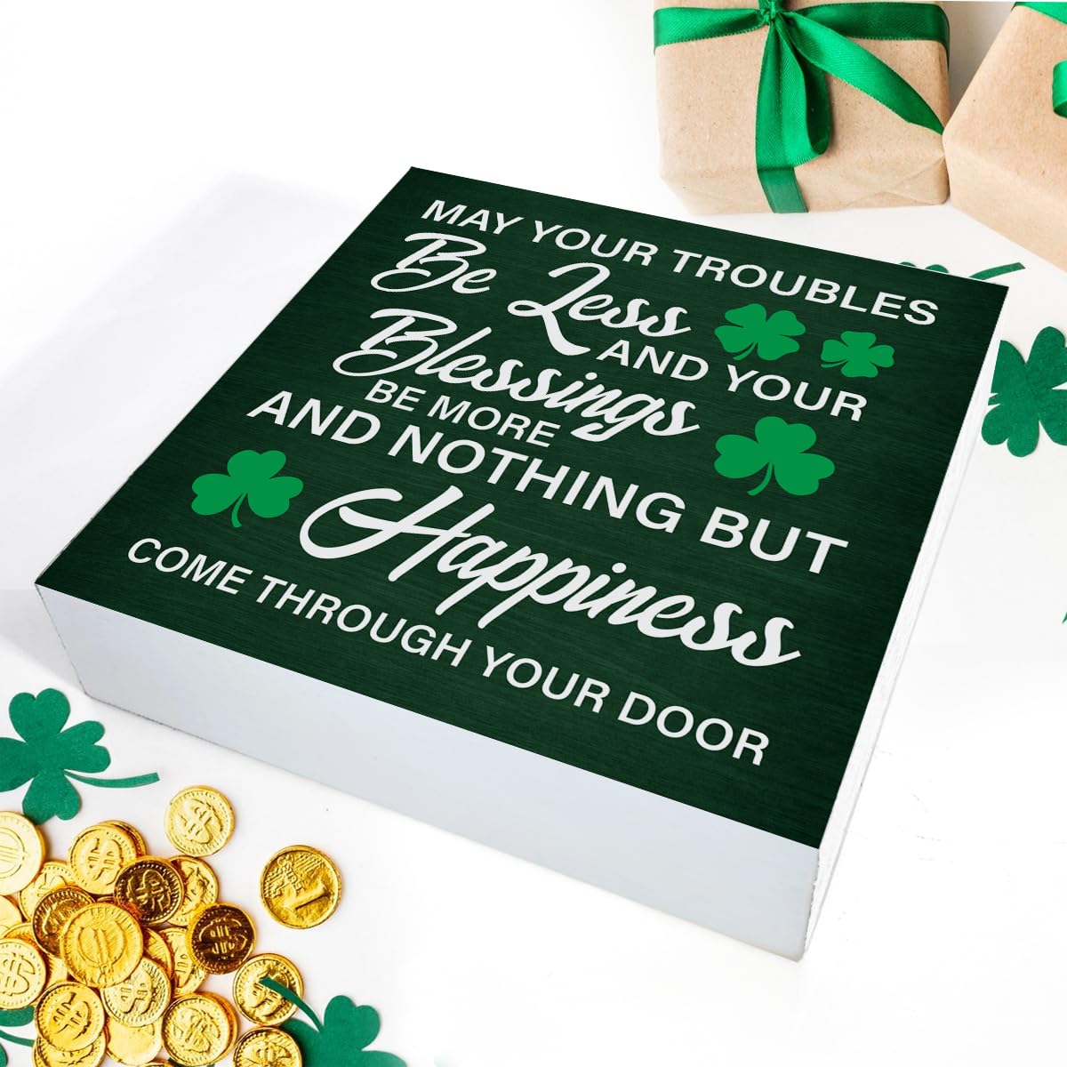 Dumyum St. Patrick's Day Decorative Sign, Wooden, 5 Inches x 5 Inches, Green, Rustic, Tabletop or Wall Mount