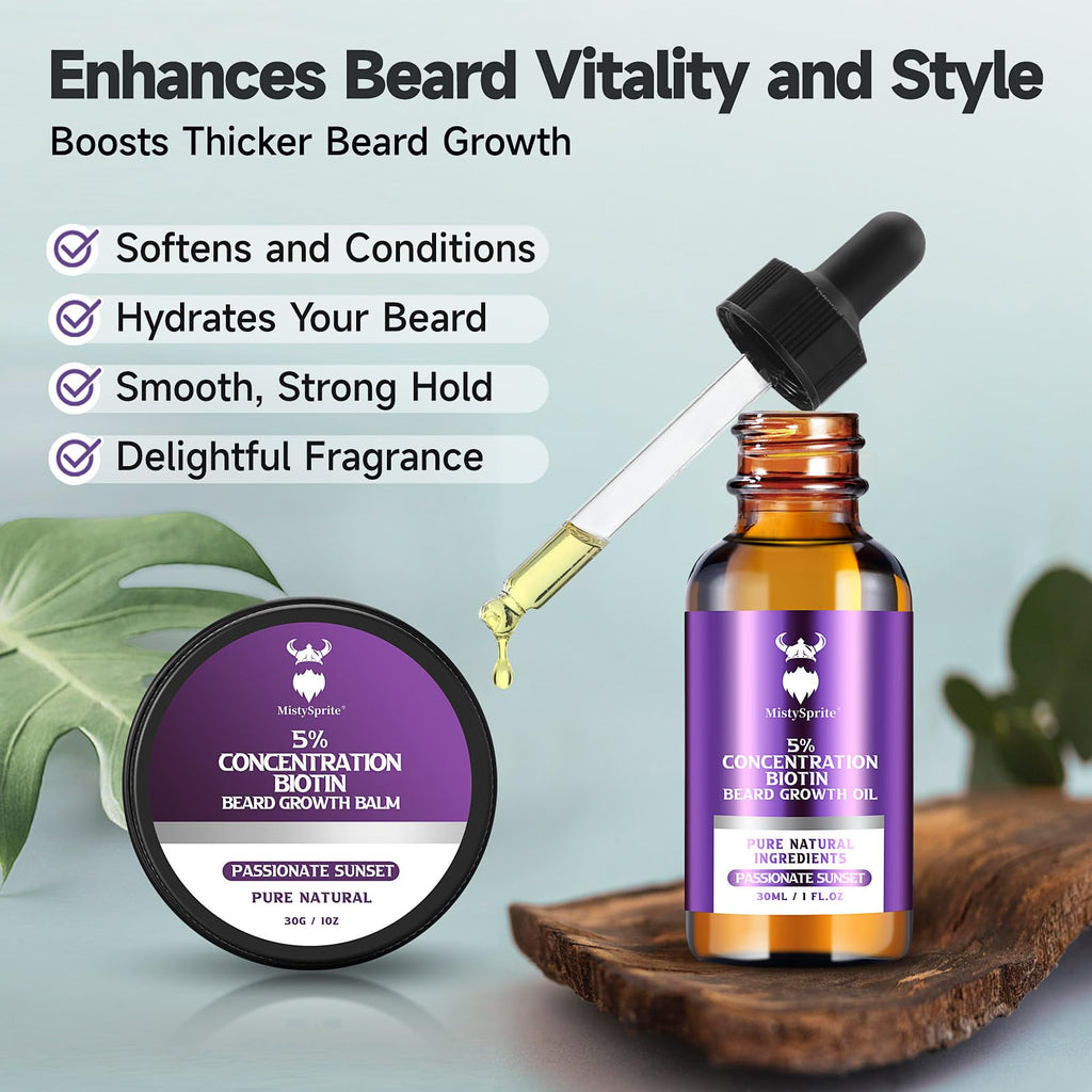 MistySprite Beard Growth Kit for Men, 2X Concentration Biotin Beard Oil & Styling Balm, Natural Facial Hair Conditioner with Argan, Jojoba & Vitamin E, Sandalwood Scent Softener