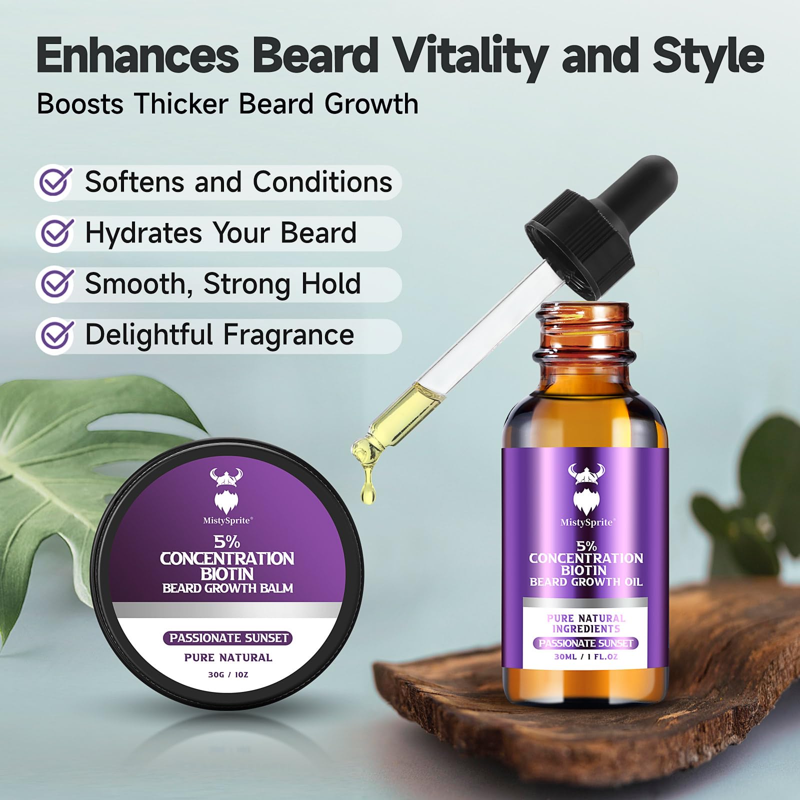 MistySprite Beard Growth Kit for Men, 2X Concentration Biotin Beard Oil & Styling Balm, Natural Facial Hair Conditioner with Argan, Jojoba & Vitamin E, Sandalwood Scent Softener