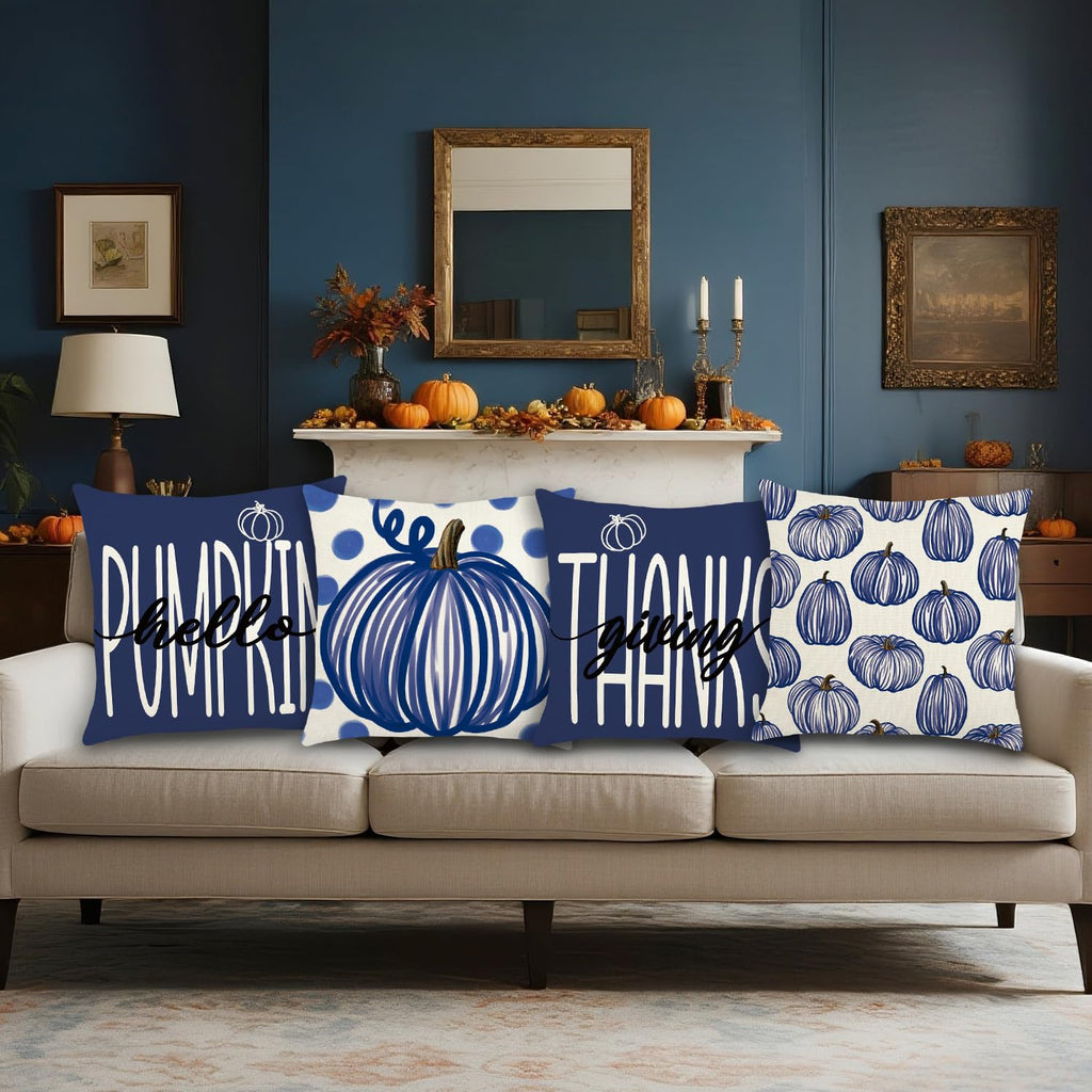 Fall Pillow Covers 18x18 Inch Autumn Pumpkin Maple Leaf Throw Pillowcase Orange Cushion Case for Thanksgiving Home Farmhouse Couch Sofa Bed Indoor Outdoor Decor (Set of 4)