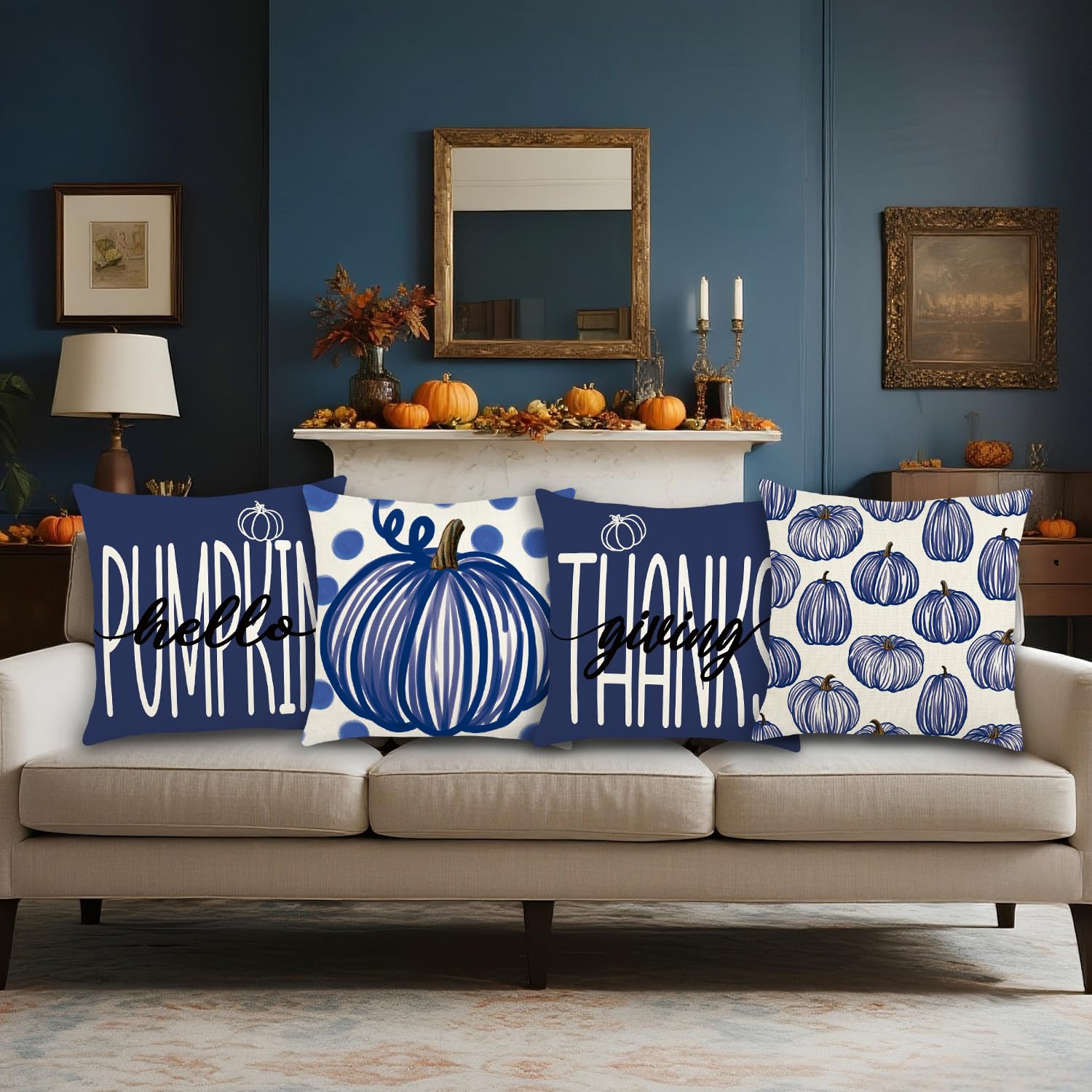 Fall Pillow Covers 18x18 Inch Autumn Pumpkin Maple Leaf Throw Pillowcase Orange Cushion Case for Thanksgiving Home Farmhouse Couch Sofa Bed Indoor Outdoor Decor (Set of 4)